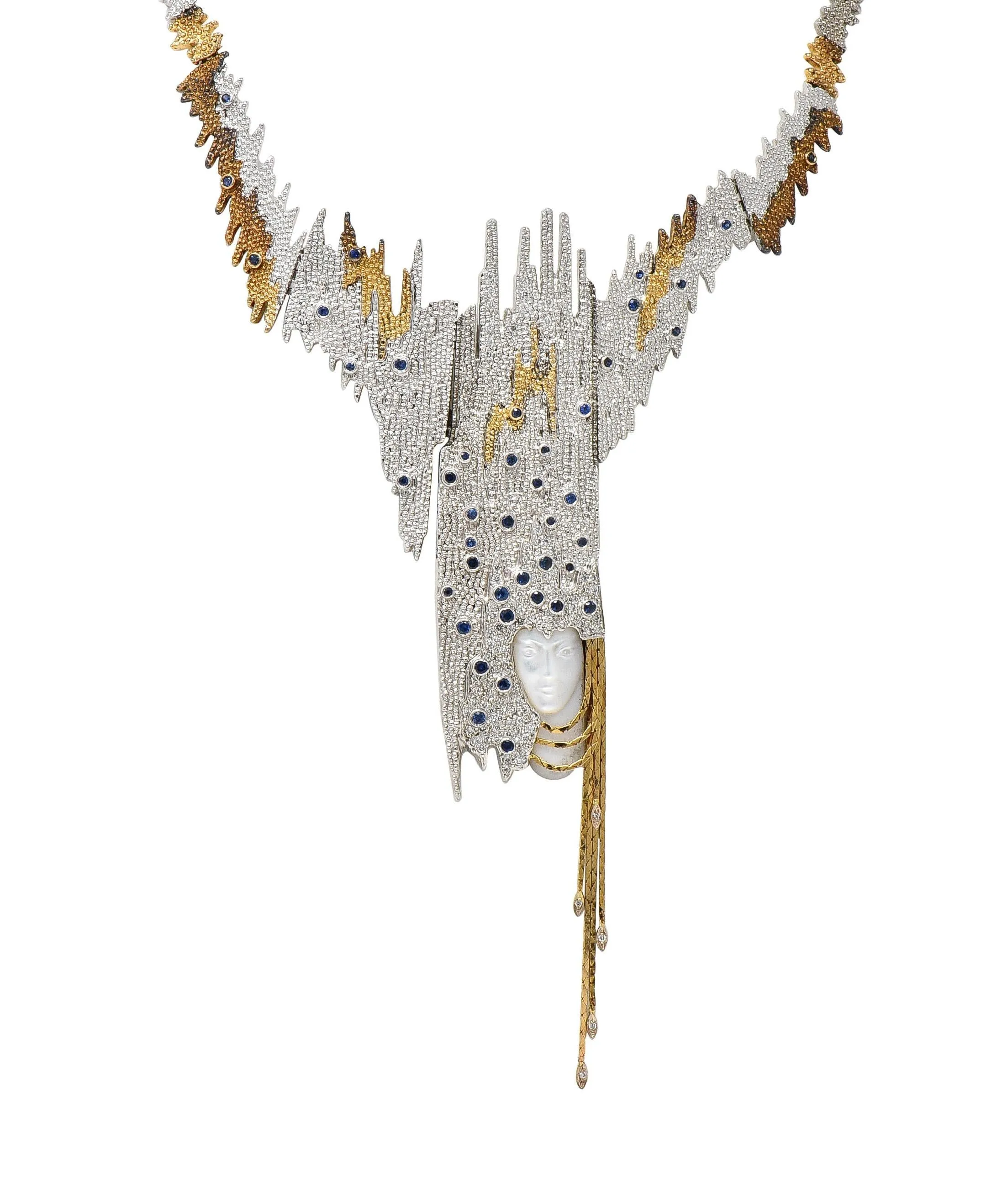 Erté 1970's 3.17 CTW Sapphire Diamond Silver 14 Karat Gold Vintage Convertible Sophistication Necklace Brooch