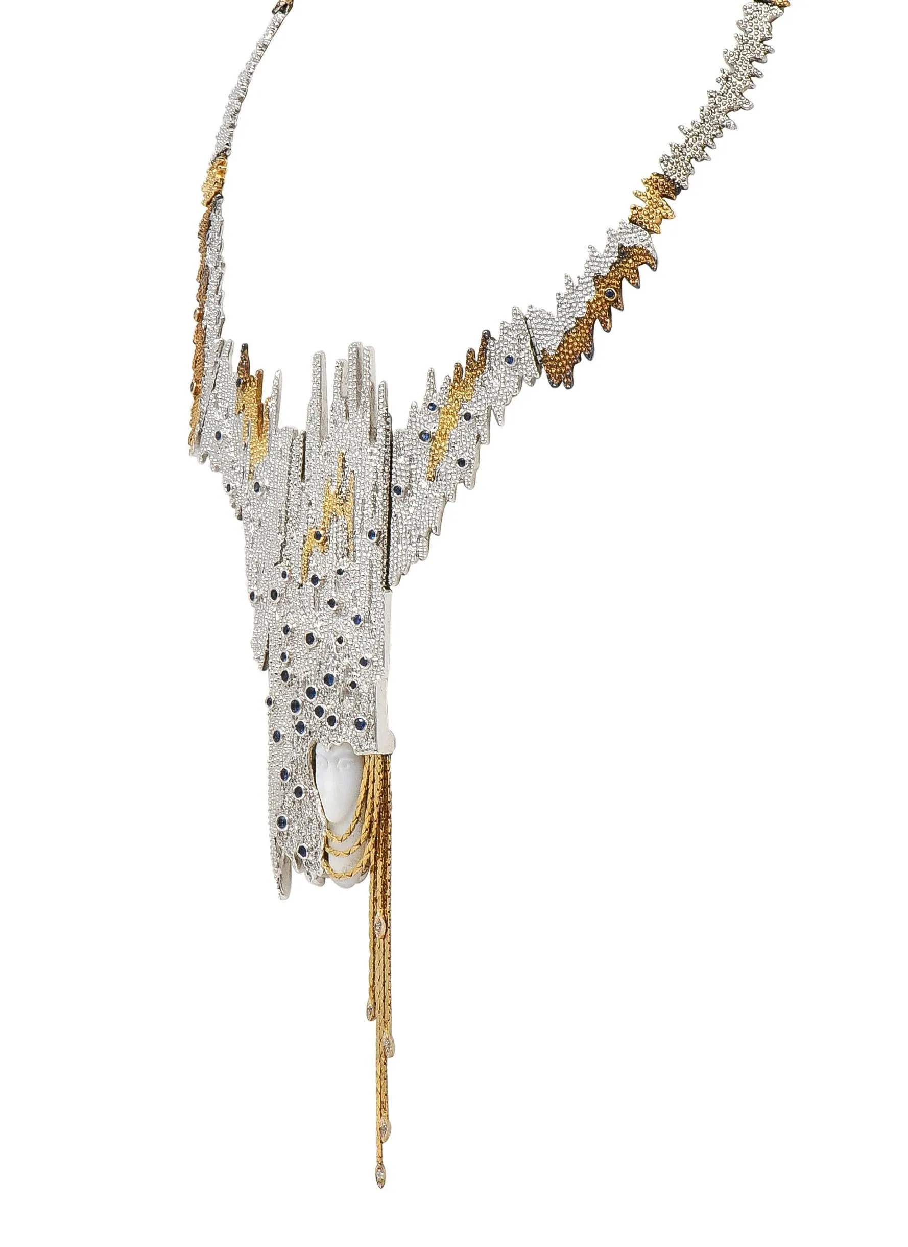 Erté 1970's 3.17 CTW Sapphire Diamond Silver 14 Karat Gold Vintage Convertible Sophistication Necklace Brooch