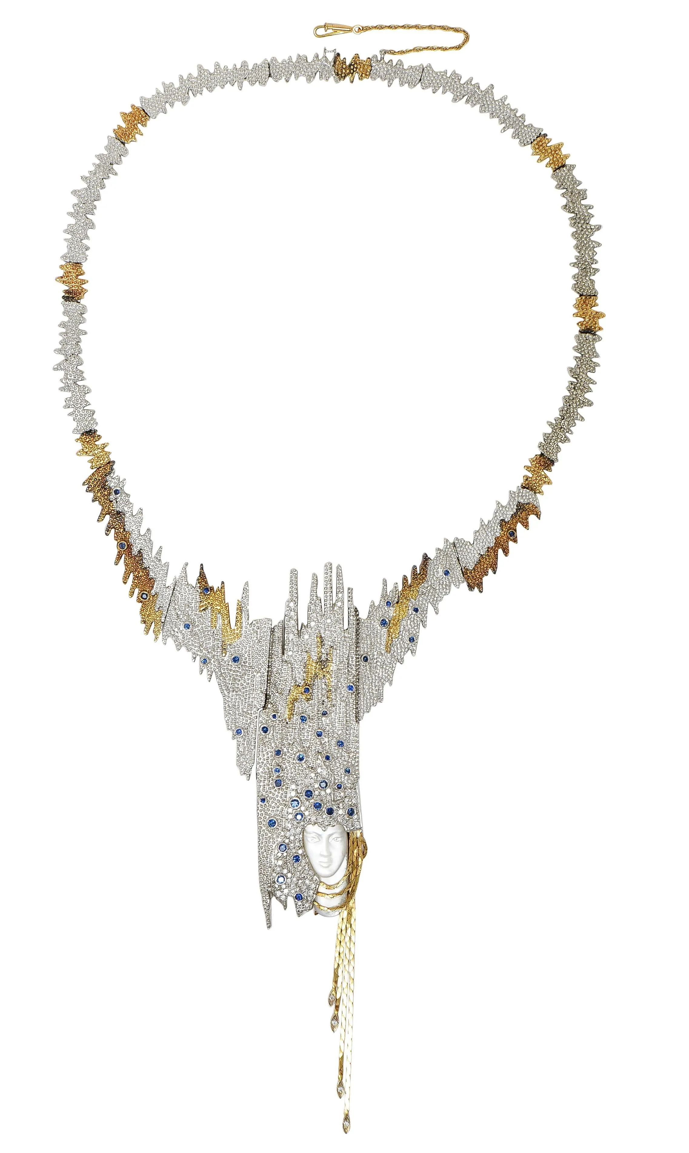 Erté 1970's 3.17 CTW Sapphire Diamond Silver 14 Karat Gold Vintage Convertible Sophistication Necklace Brooch