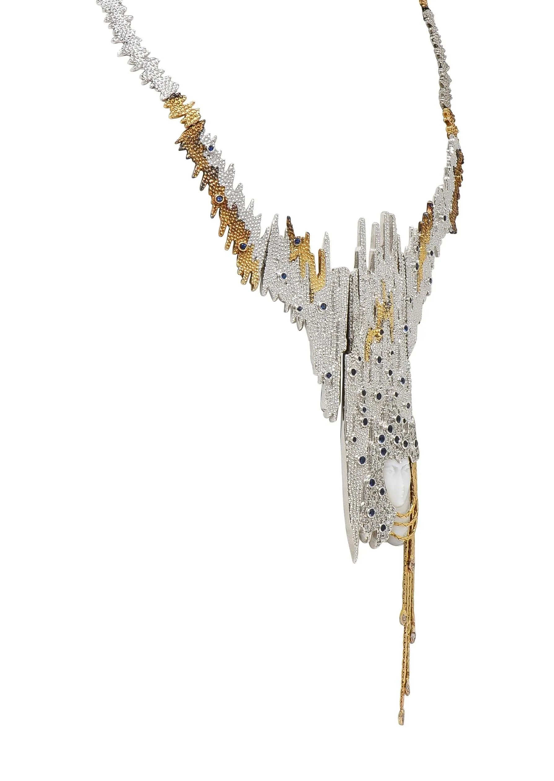 Erté 1970's 3.17 CTW Sapphire Diamond Silver 14 Karat Gold Vintage Convertible Sophistication Necklace Brooch