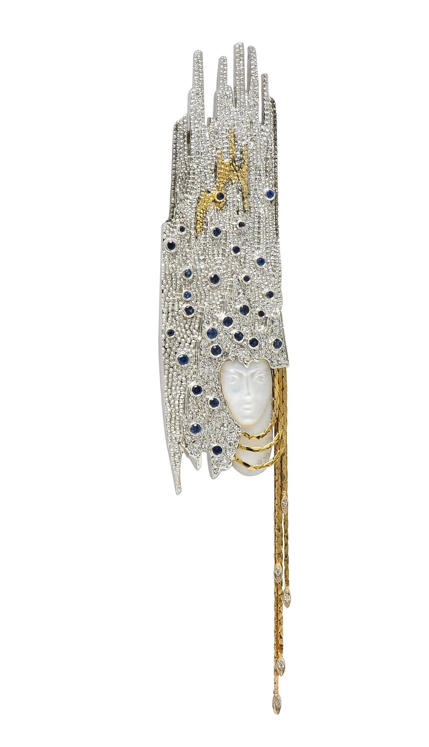 Erté 1970's 3.17 CTW Sapphire Diamond Silver 14 Karat Gold Vintage Convertible Sophistication Necklace Brooch