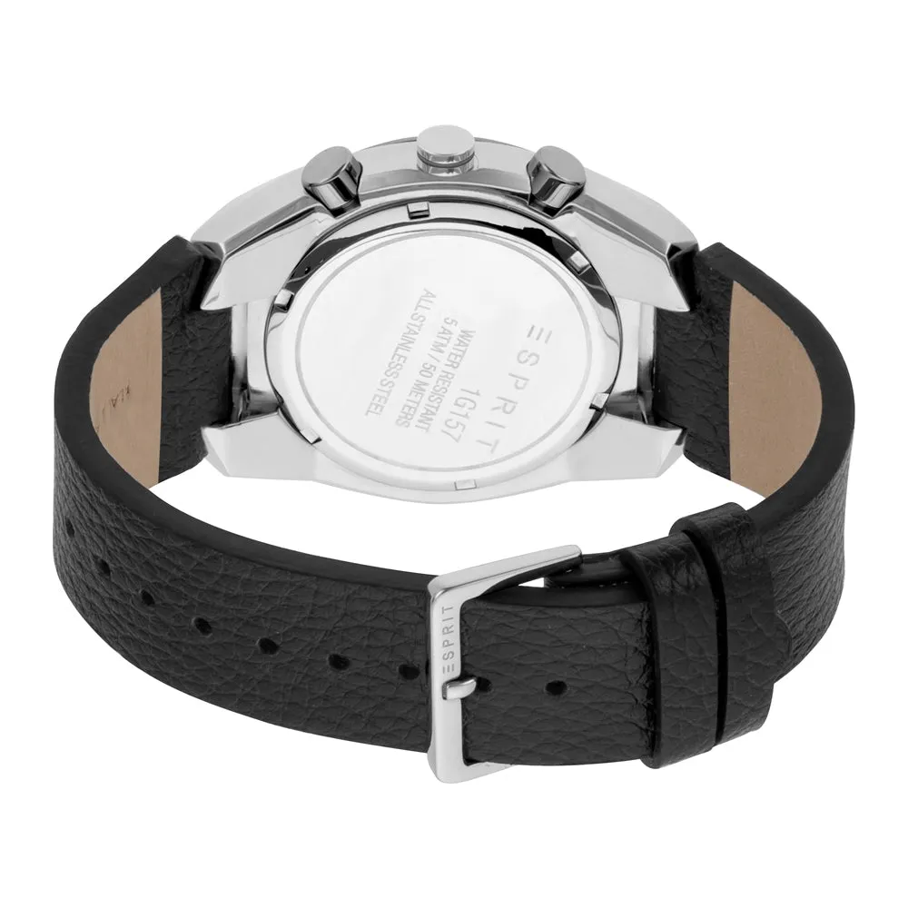Esprit Men's Chronograph Watch Black Leather Strap White Dial With Date