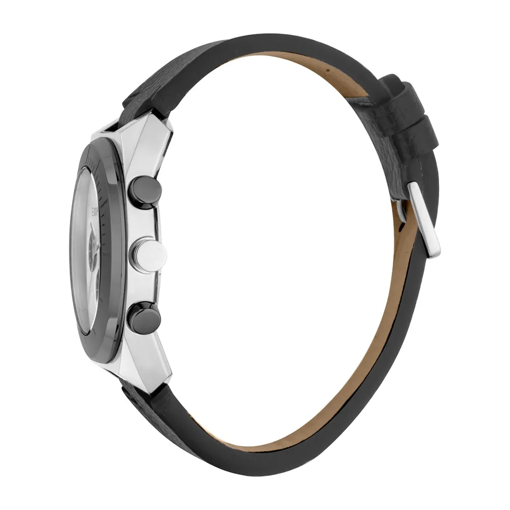 Esprit Men's Chronograph Watch Black Leather Strap White Dial With Date