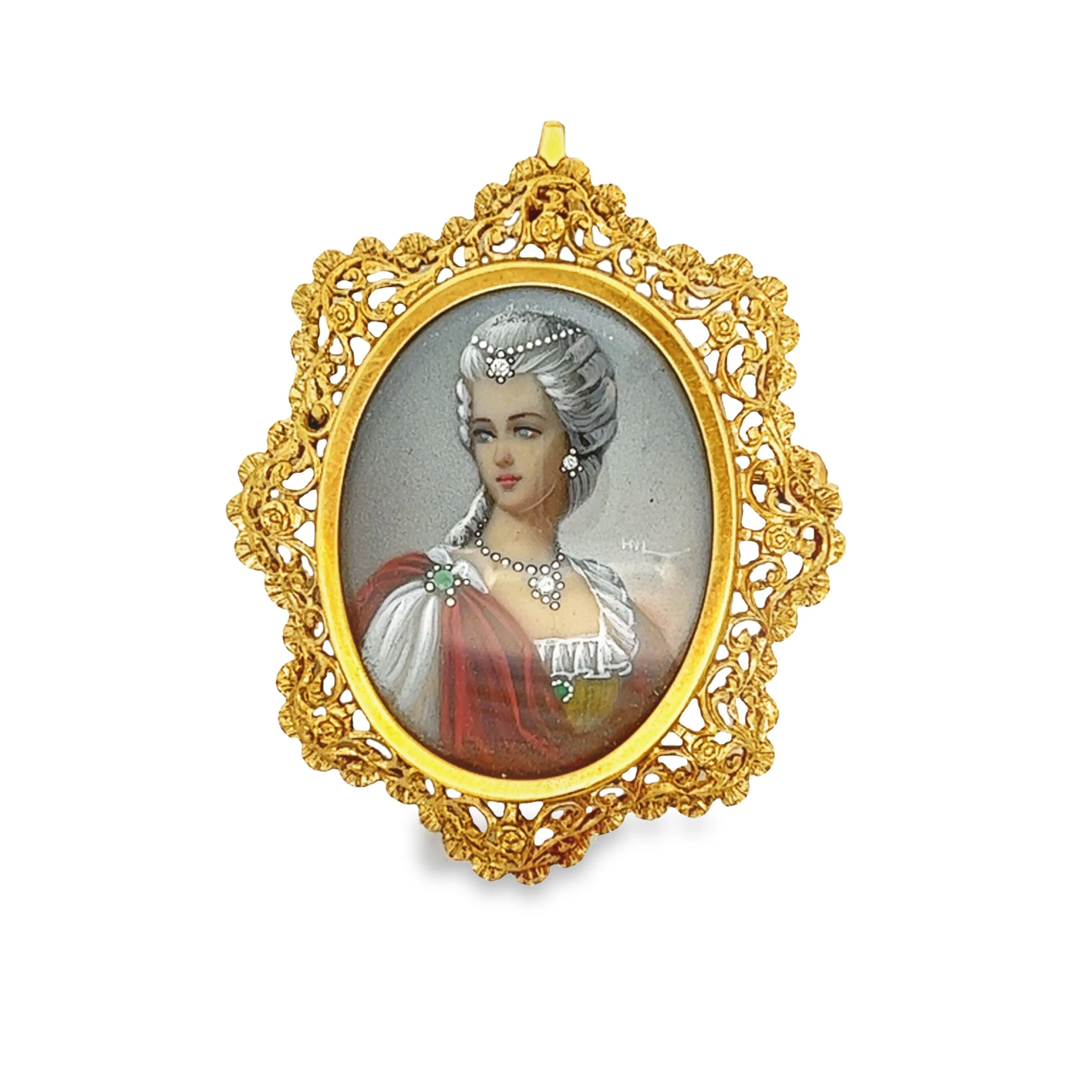 Estate 18k Yellow Gold Painted Cameo Brooch