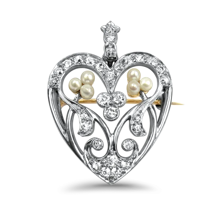Estate Platinum Heart Diamond & Pearl Pendant