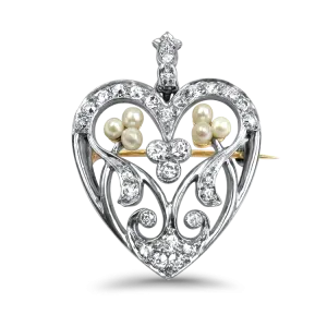 Estate Platinum Heart Diamond & Pearl Pendant