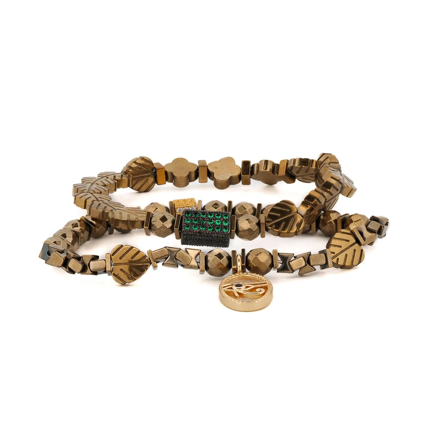 Eye Of Ra Charm Gold Hematite Stone Beaded Bracelet Set
