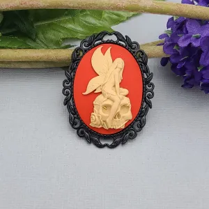 Fairy on Skull Cameo Black Frame Brooch Unique Victorian Pin.