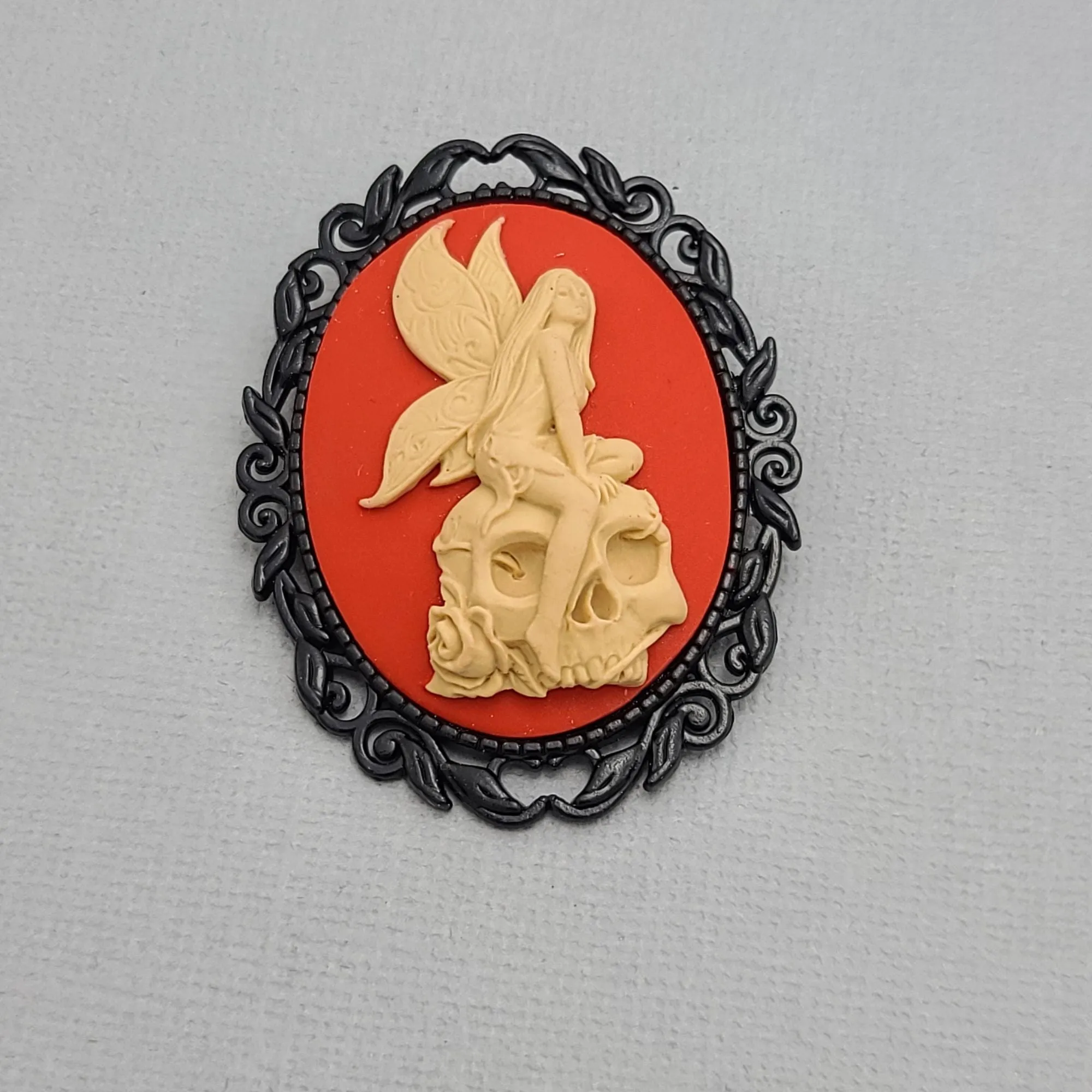 Fairy on Skull Cameo Black Frame Brooch Unique Victorian Pin.