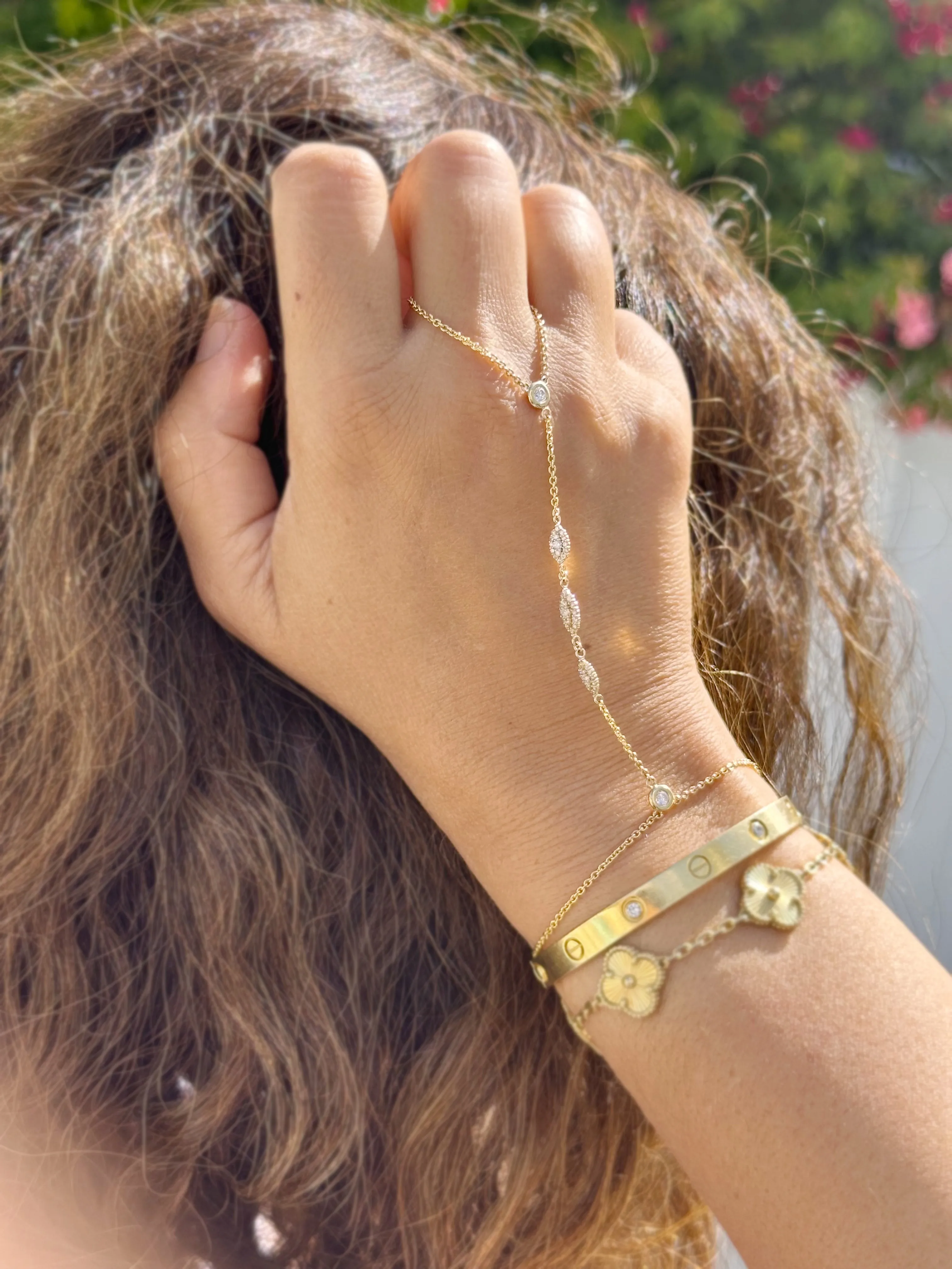 Finger Bracelet Moissanites Ring Bracelet Set In 14k Solid Yellow Gold Hand Chain Bracelet Marquee Shape Links Chain Bracelet Gift 0.85ctw