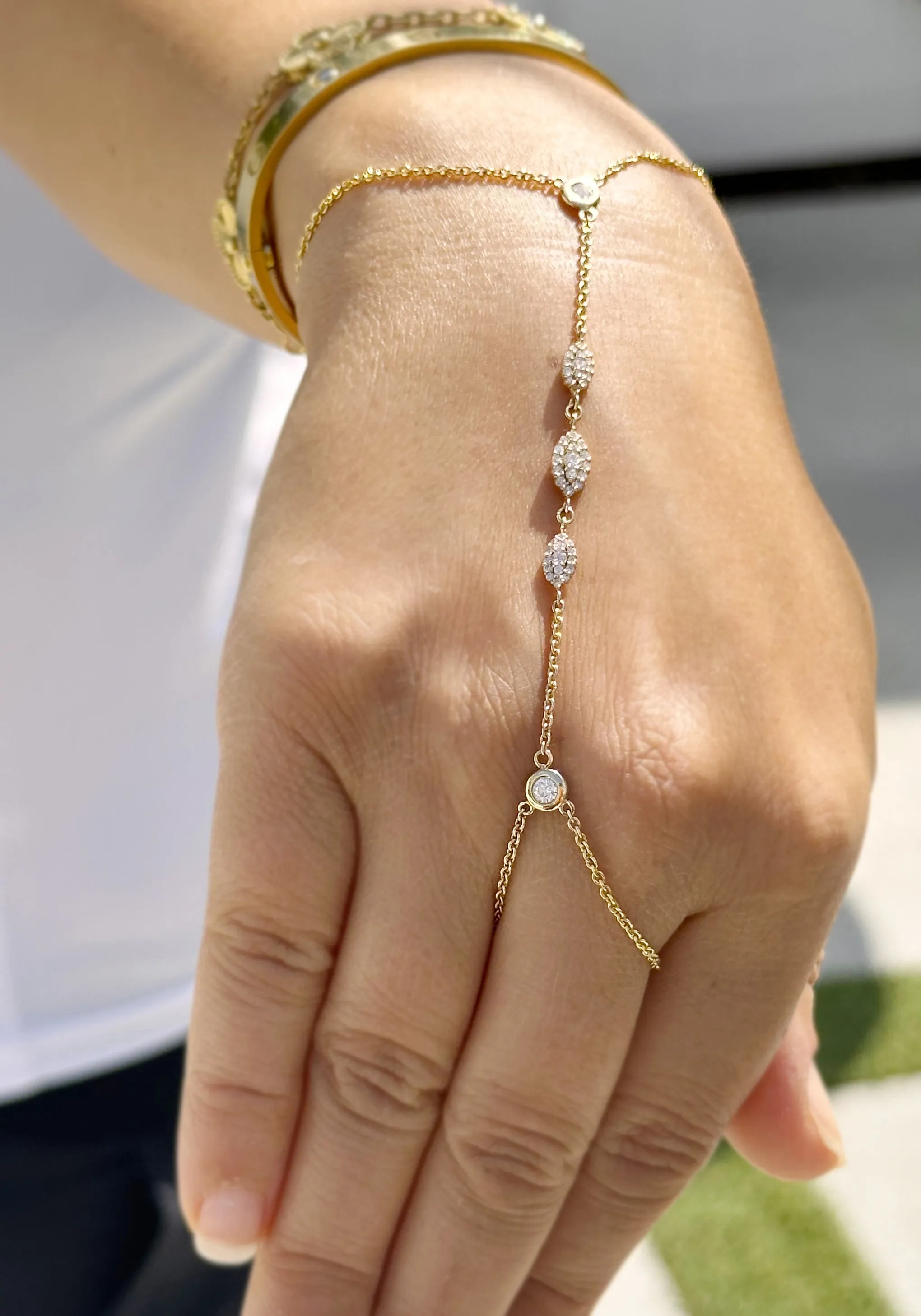 Finger Bracelet Moissanites Ring Bracelet Set In 14k Solid Yellow Gold Hand Chain Bracelet Marquee Shape Links Chain Bracelet Gift 0.85ctw