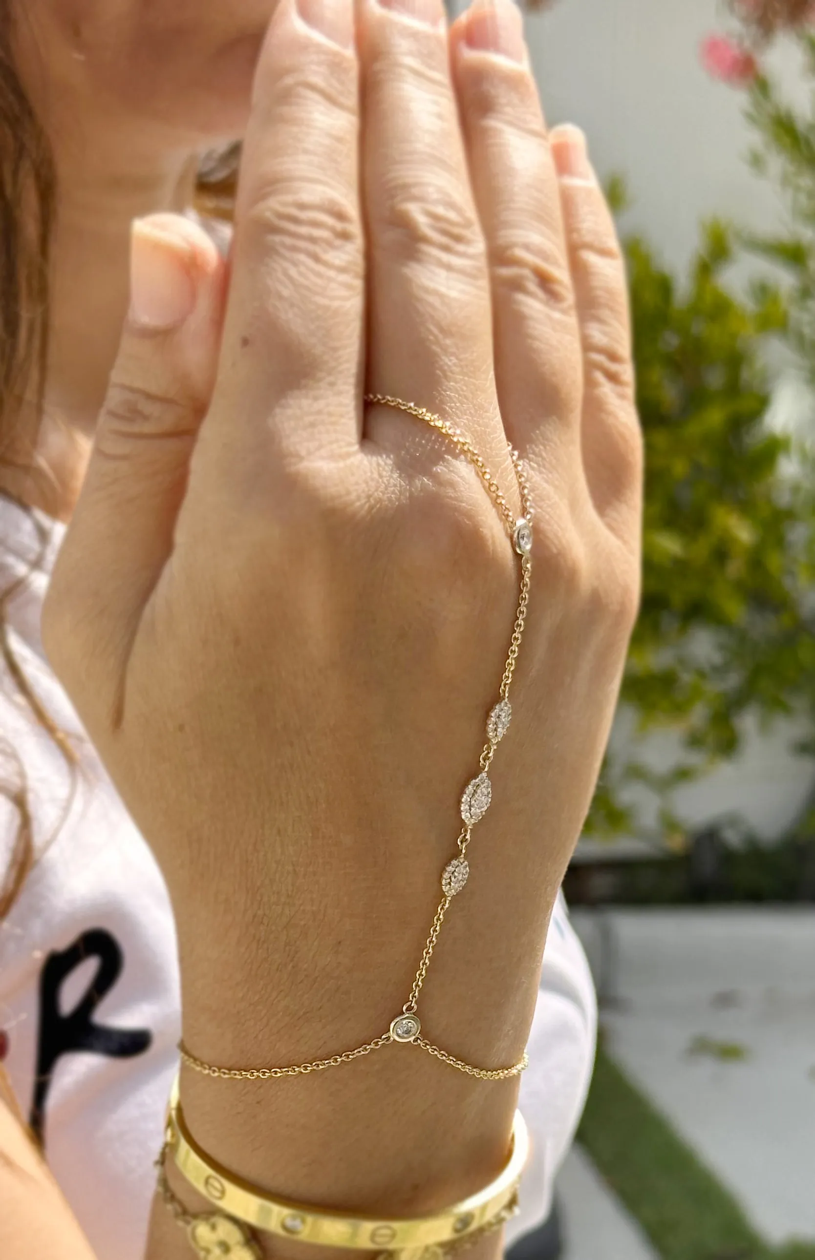 Finger Bracelet Moissanites Ring Bracelet Set In 14k Solid Yellow Gold Hand Chain Bracelet Marquee Shape Links Chain Bracelet Gift 0.85ctw