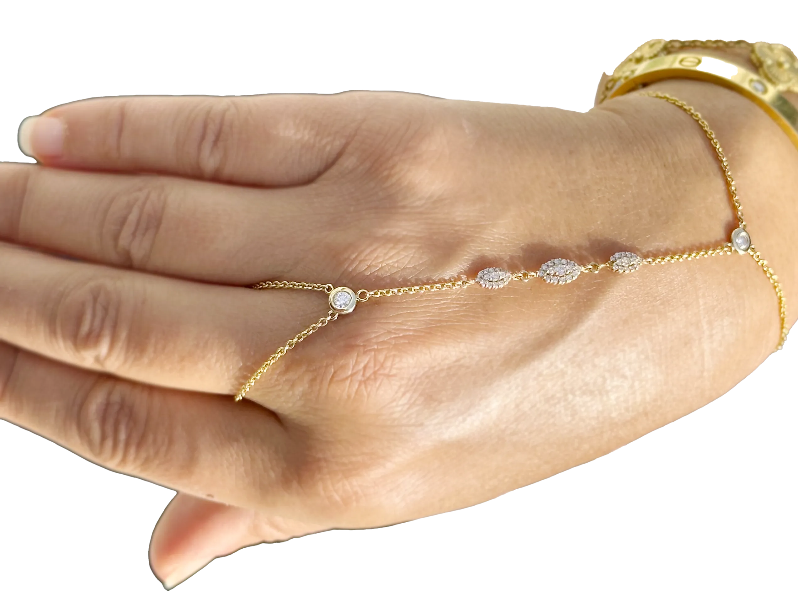 Finger Bracelet Moissanites Ring Bracelet Set In 14k Solid Yellow Gold Hand Chain Bracelet Marquee Shape Links Chain Bracelet Gift 0.85ctw