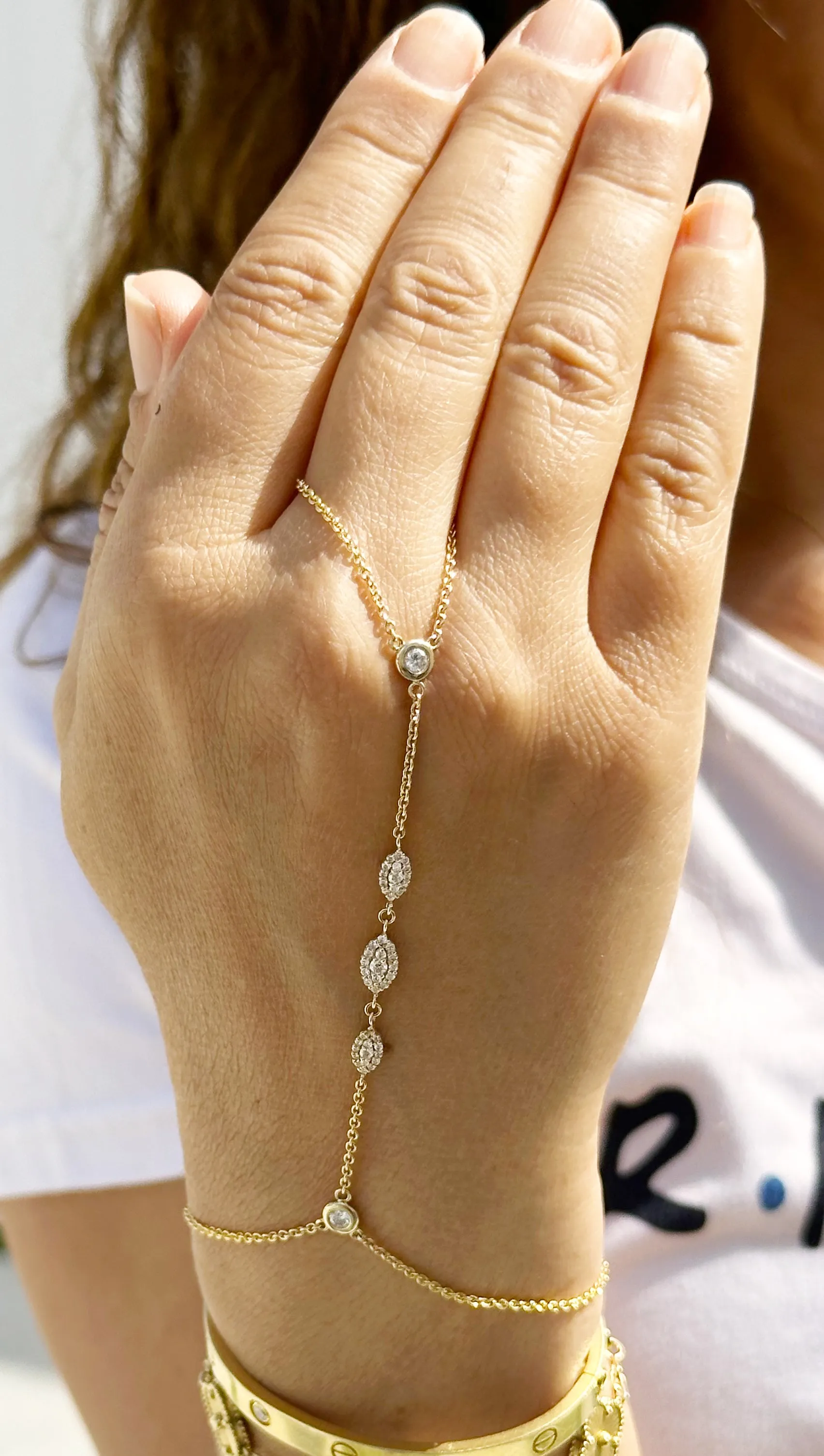 Finger Bracelet Moissanites Ring Bracelet Set In 14k Solid Yellow Gold Hand Chain Bracelet Marquee Shape Links Chain Bracelet Gift 0.85ctw