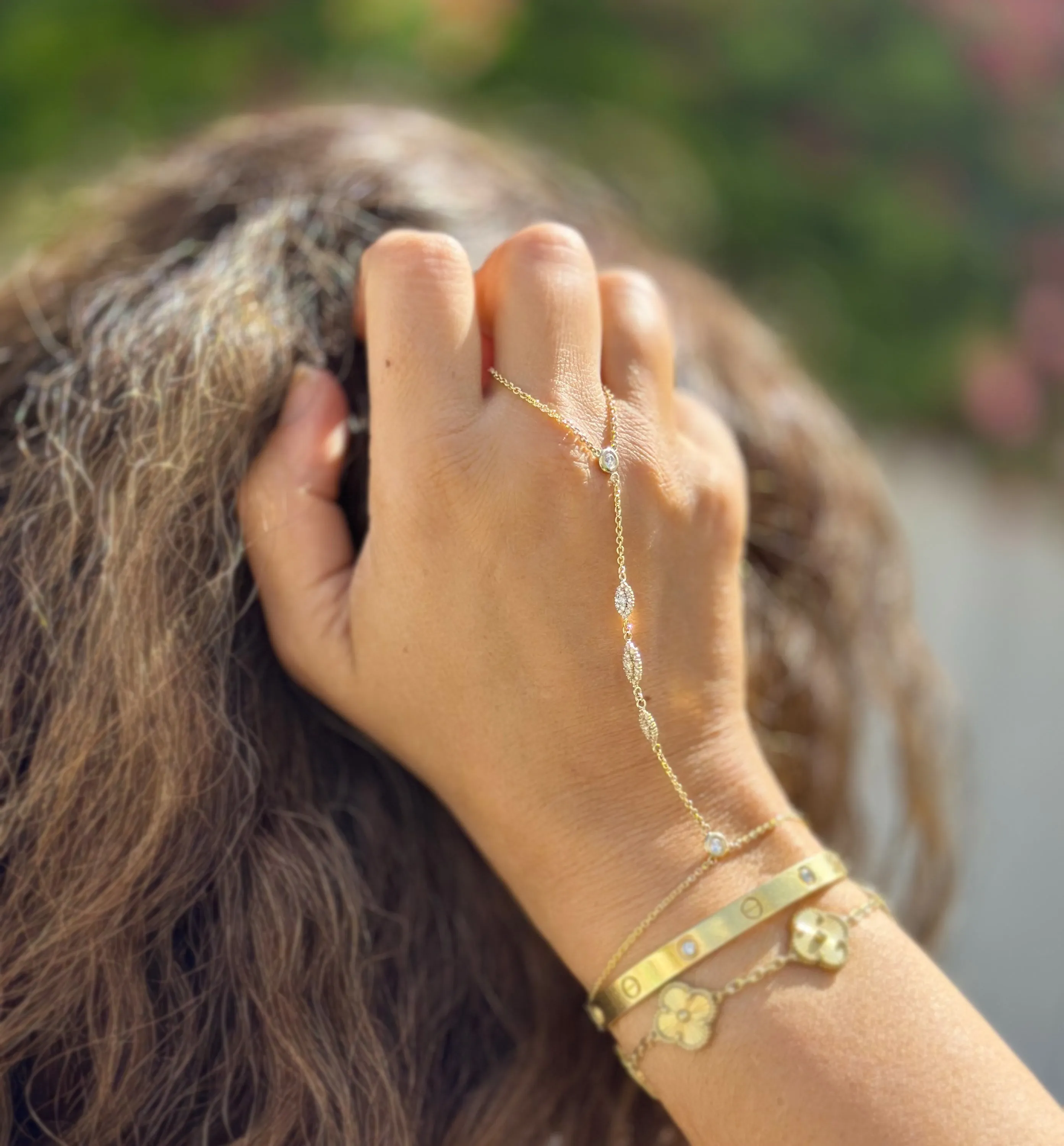 Finger Bracelet Moissanites Ring Bracelet Set In 14k Solid Yellow Gold Hand Chain Bracelet Marquee Shape Links Chain Bracelet Gift 0.85ctw