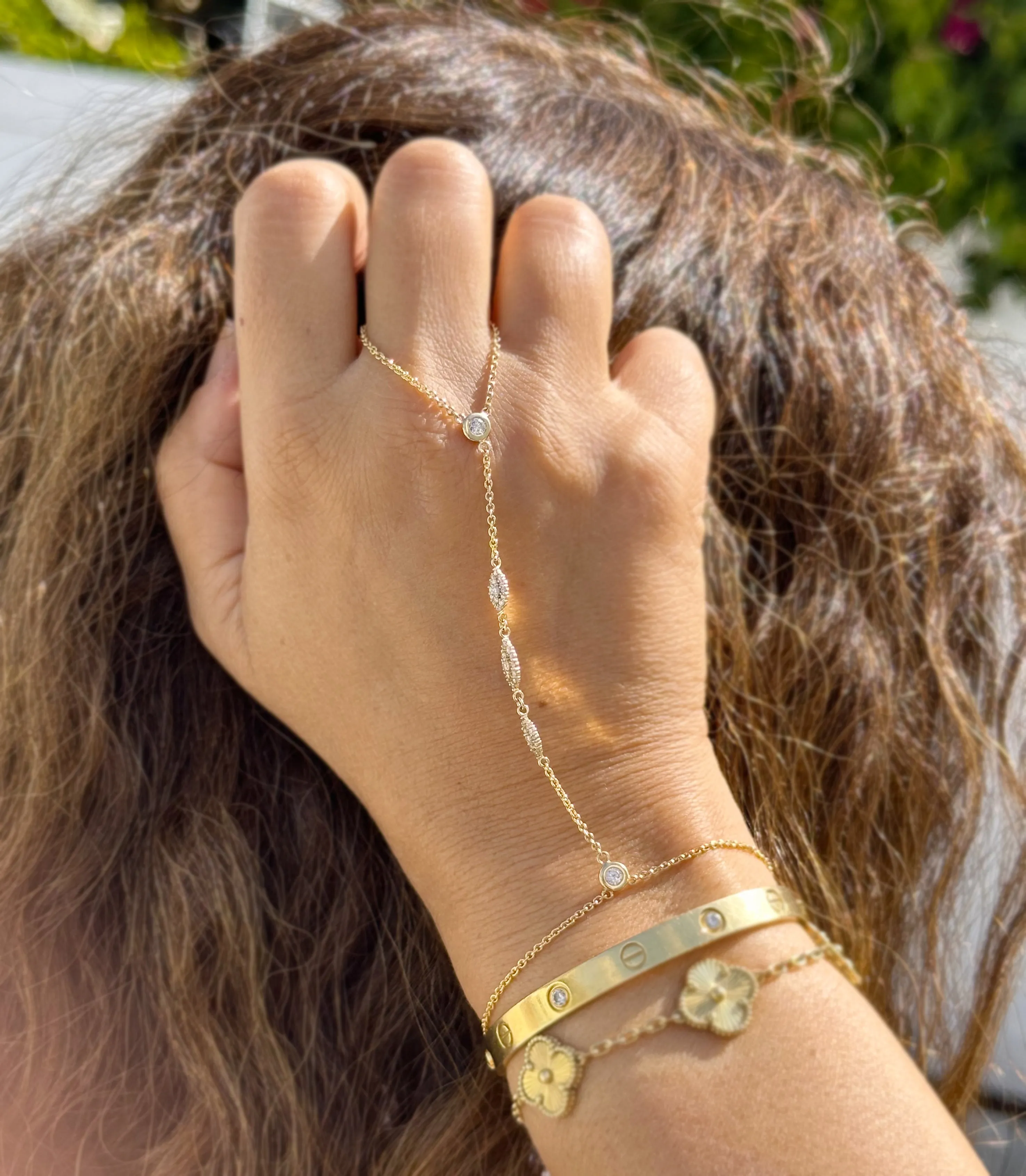 Finger Bracelet Moissanites Ring Bracelet Set In 14k Solid Yellow Gold Hand Chain Bracelet Marquee Shape Links Chain Bracelet Gift 0.85ctw