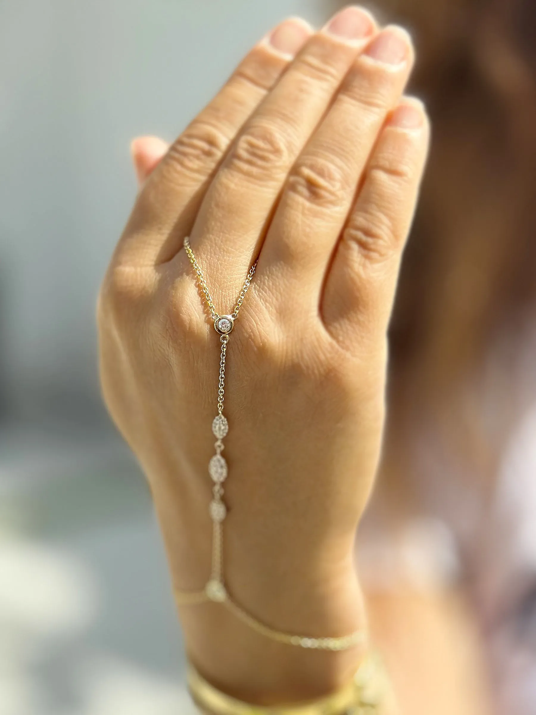 Finger Bracelet Moissanites Ring Bracelet Set In 14k Solid Yellow Gold Hand Chain Bracelet Marquee Shape Links Chain Bracelet Gift 0.85ctw