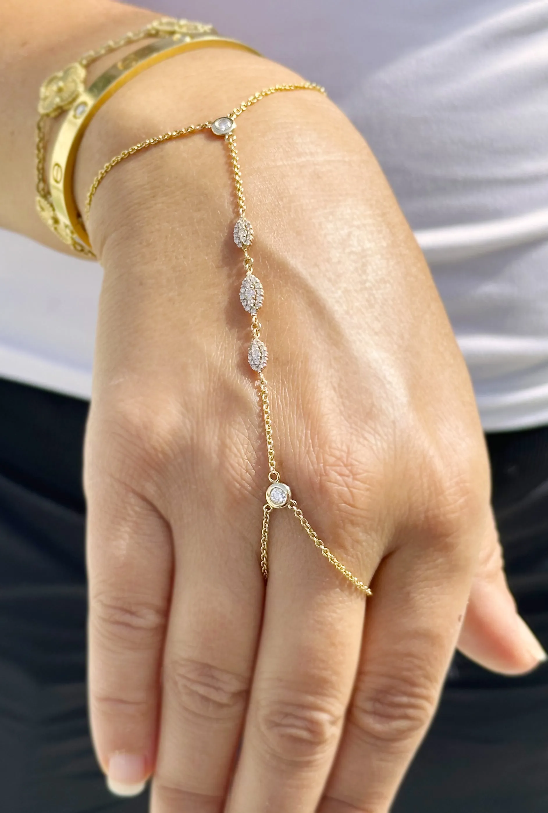 Finger Bracelet Moissanites Ring Bracelet Set In 14k Solid Yellow Gold Hand Chain Bracelet Marquee Shape Links Chain Bracelet Gift 0.85ctw