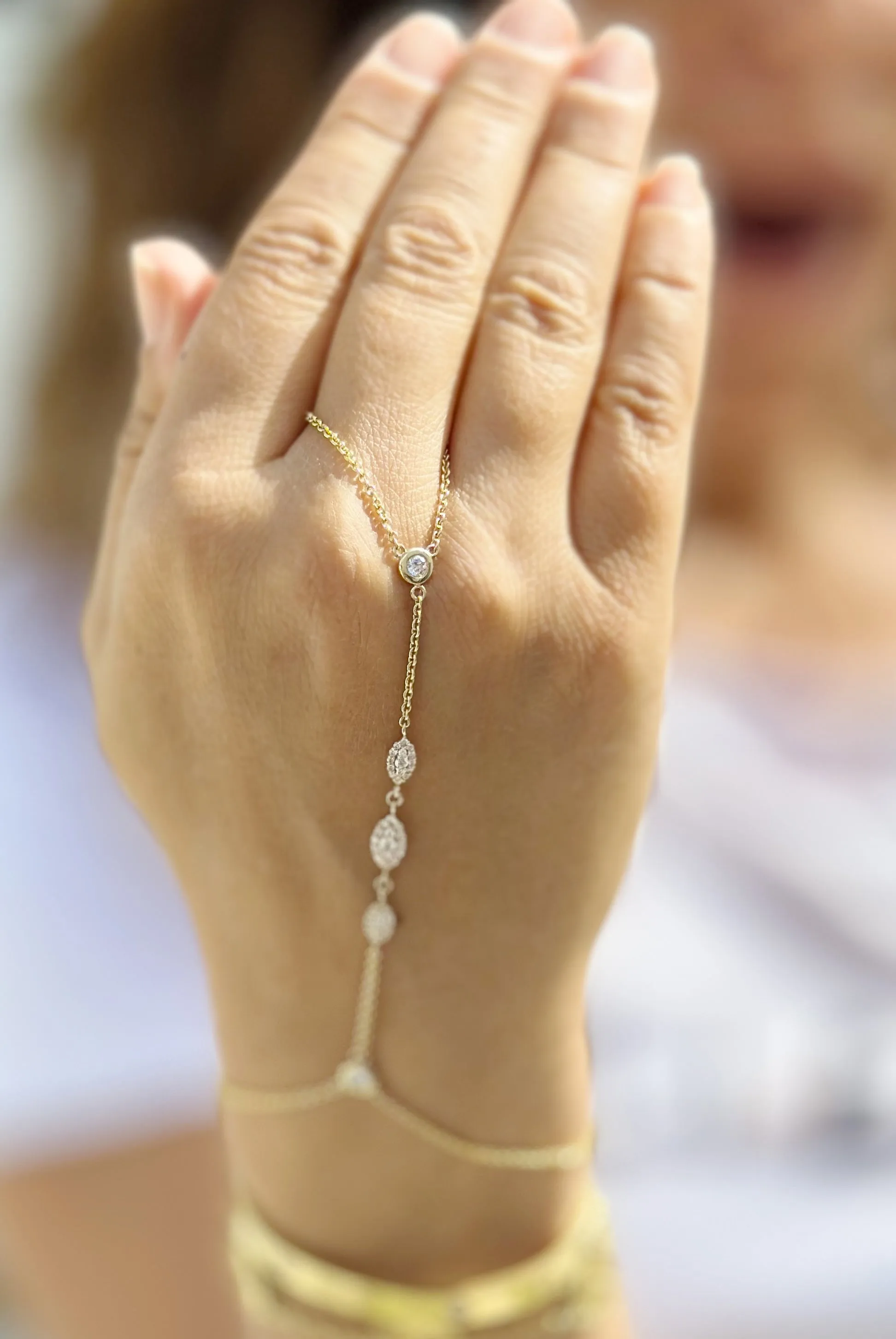 Finger Bracelet Moissanites Ring Bracelet Set In 14k Solid Yellow Gold Hand Chain Bracelet Marquee Shape Links Chain Bracelet Gift 0.85ctw