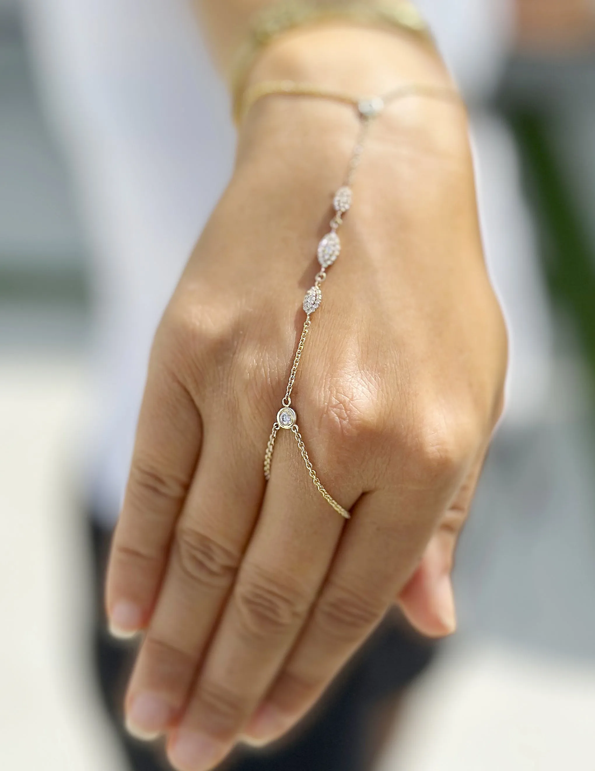 Finger Bracelet Moissanites Ring Bracelet Set In 14k Solid Yellow Gold Hand Chain Bracelet Marquee Shape Links Chain Bracelet Gift 0.85ctw