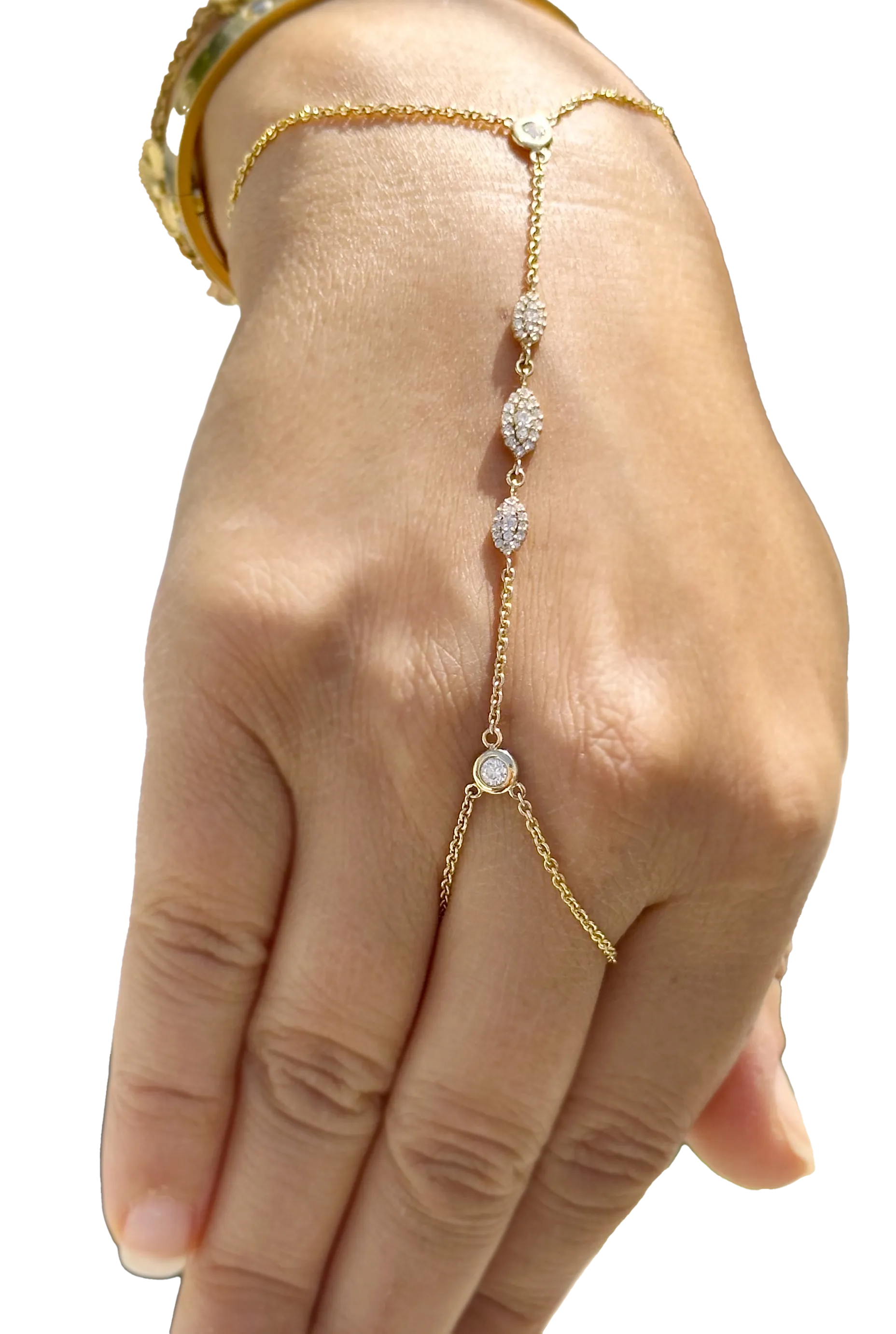 Finger Bracelet Moissanites Ring Bracelet Set In 14k Solid Yellow Gold Hand Chain Bracelet Marquee Shape Links Chain Bracelet Gift 0.85ctw