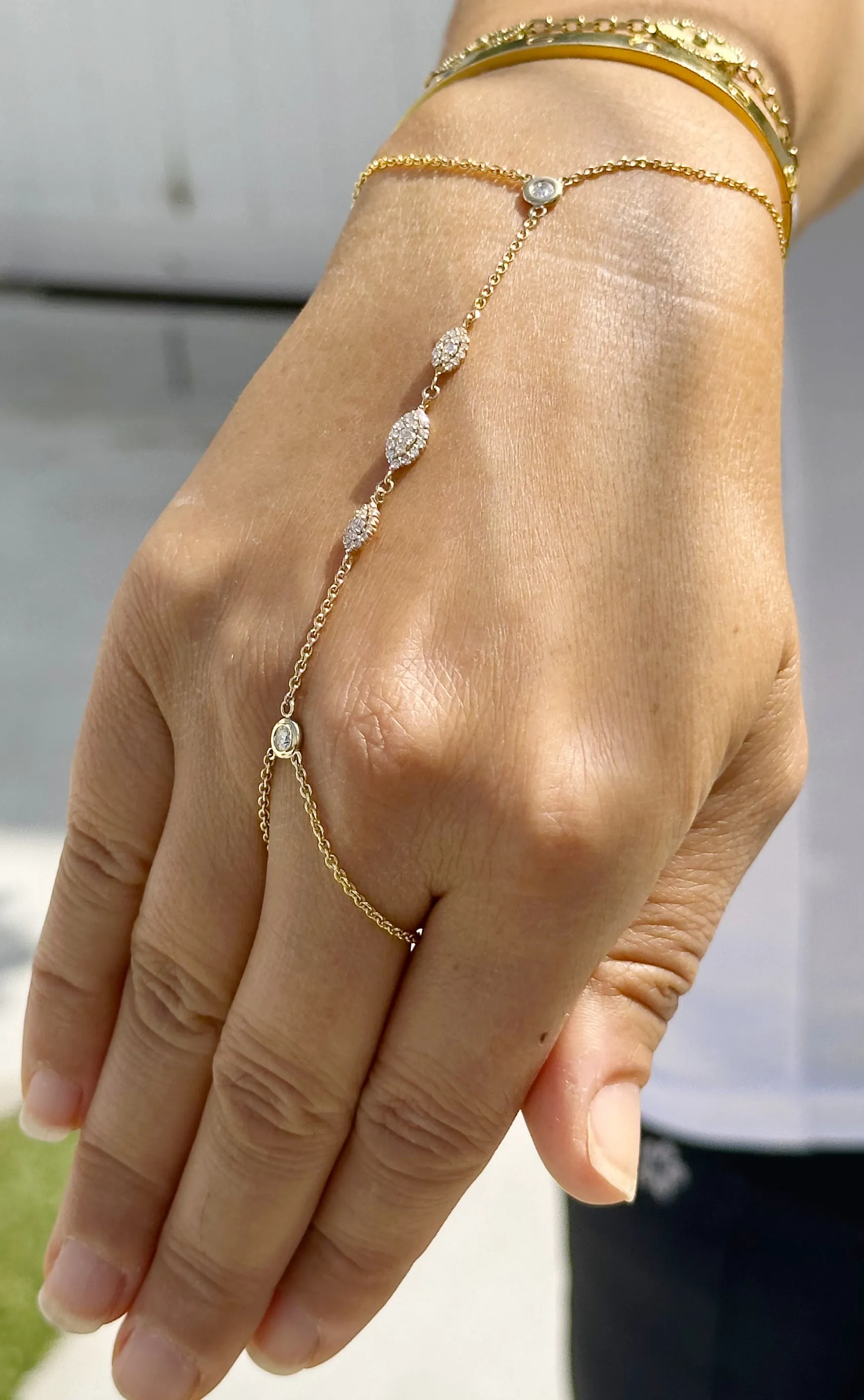 Finger Bracelet Moissanites Ring Bracelet Set In 14k Solid Yellow Gold Hand Chain Bracelet Marquee Shape Links Chain Bracelet Gift 0.85ctw