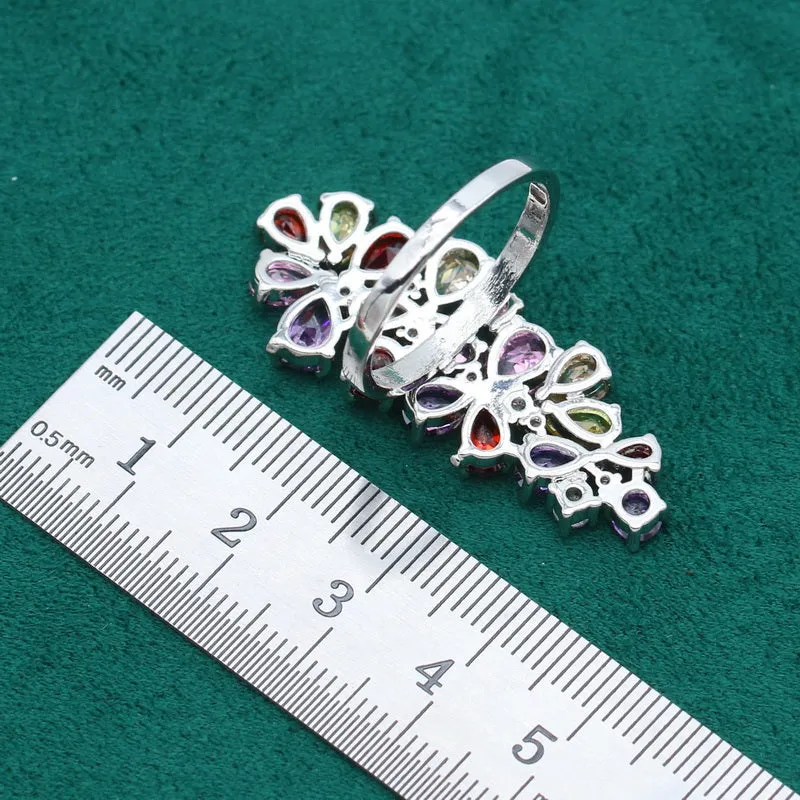 Flower Topaz Jewelry Set For Women 925 Silver Bracelet Earrings Necklace Ring