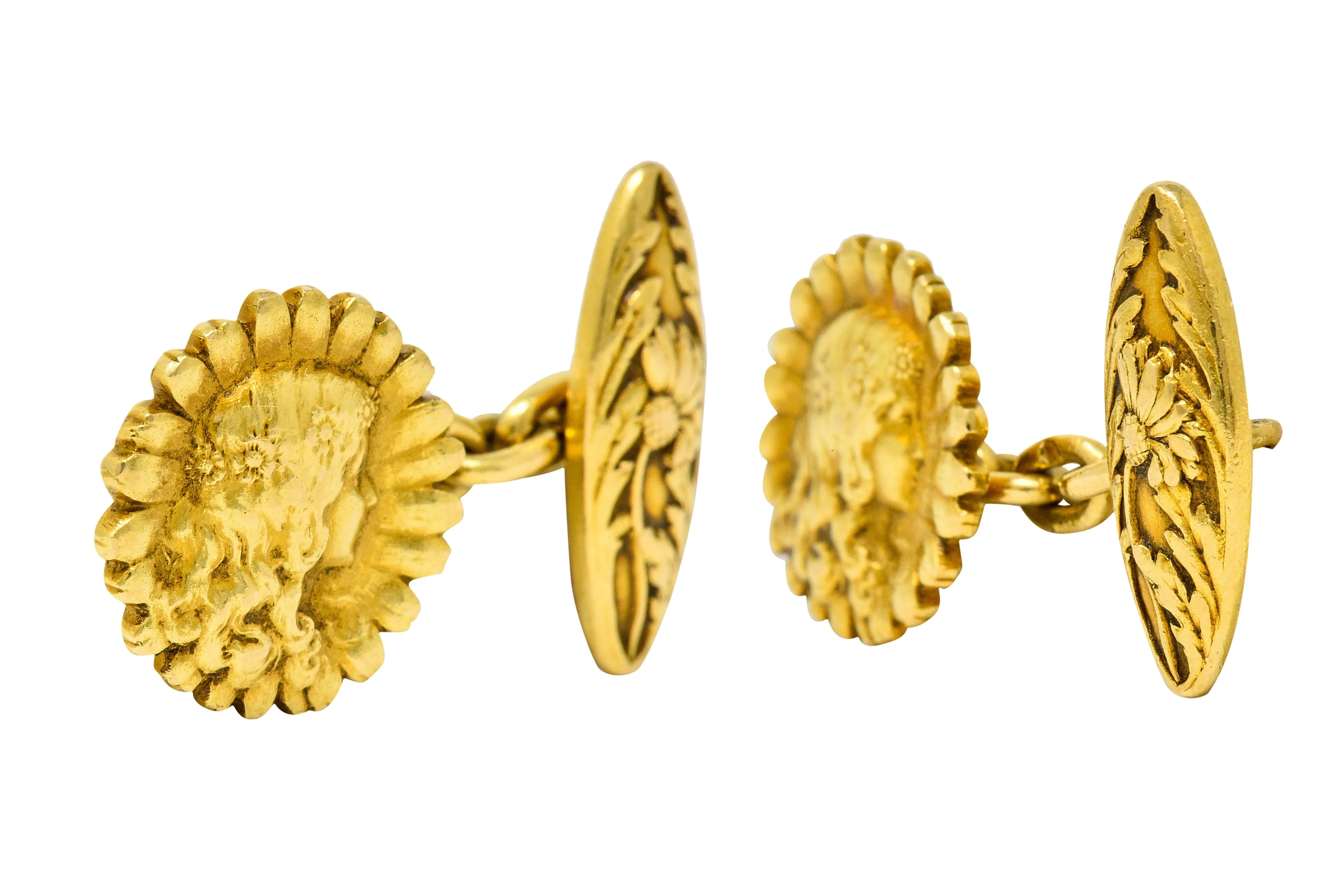 French Art Nouveau 18 Karat Gold Daisy Girl Cufflinks