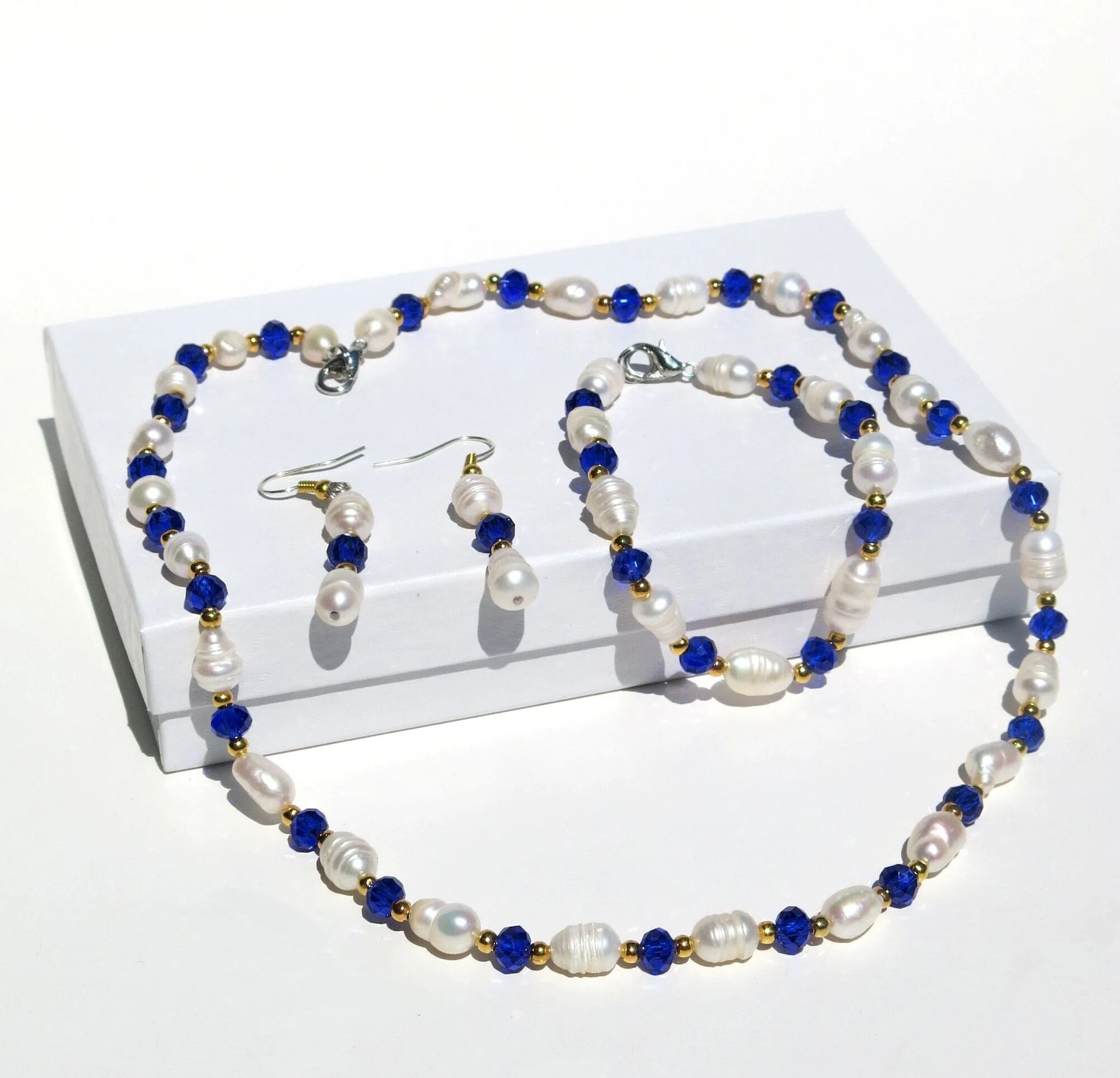 Freshwater Pearl 4 PC Jewelry Set, Natural Pearl Bracelet Earrings and Necklace, Bridesmaid Crystal Real Pearl Jewelry