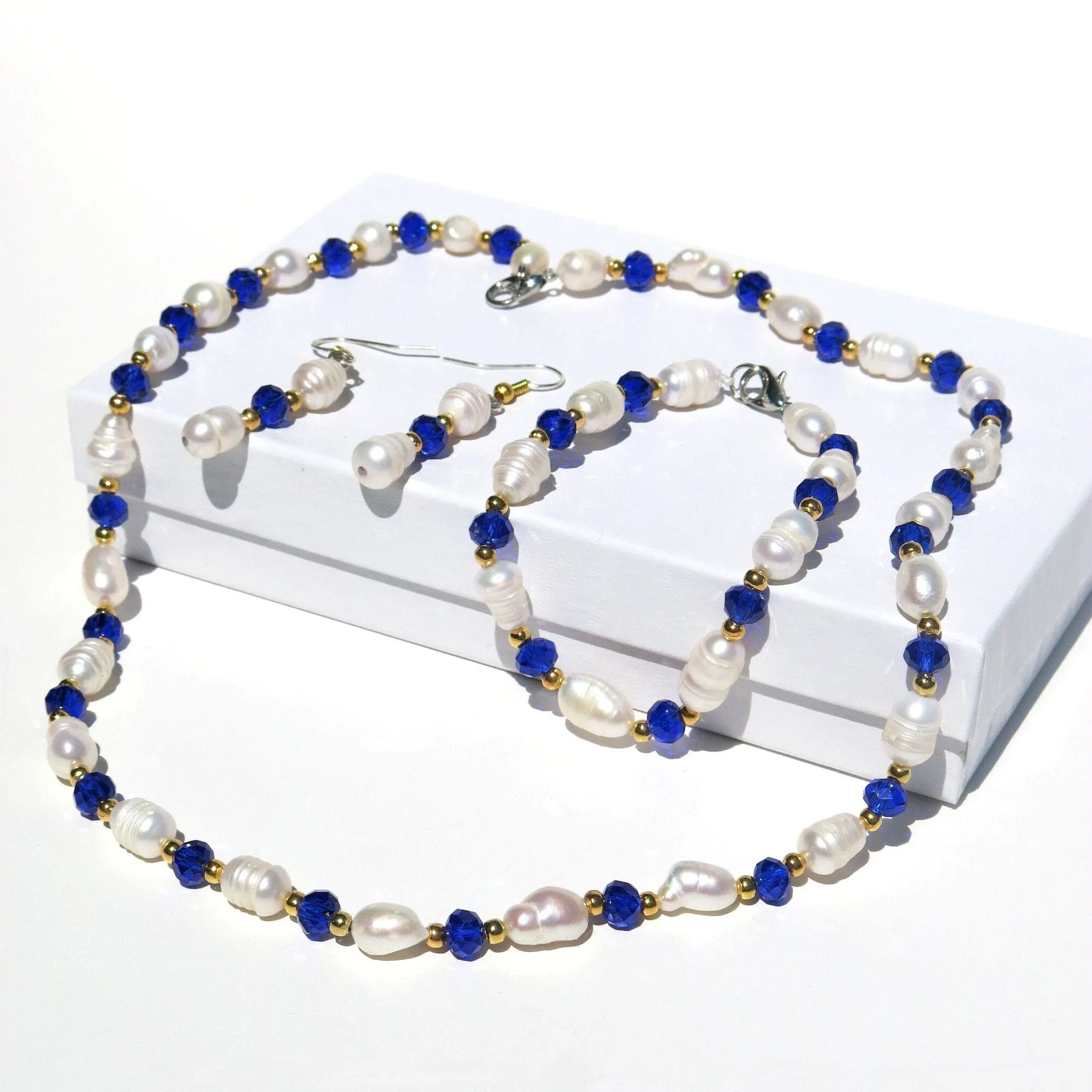 Freshwater Pearl 4 PC Jewelry Set, Natural Pearl Bracelet Earrings and Necklace, Bridesmaid Crystal Real Pearl Jewelry