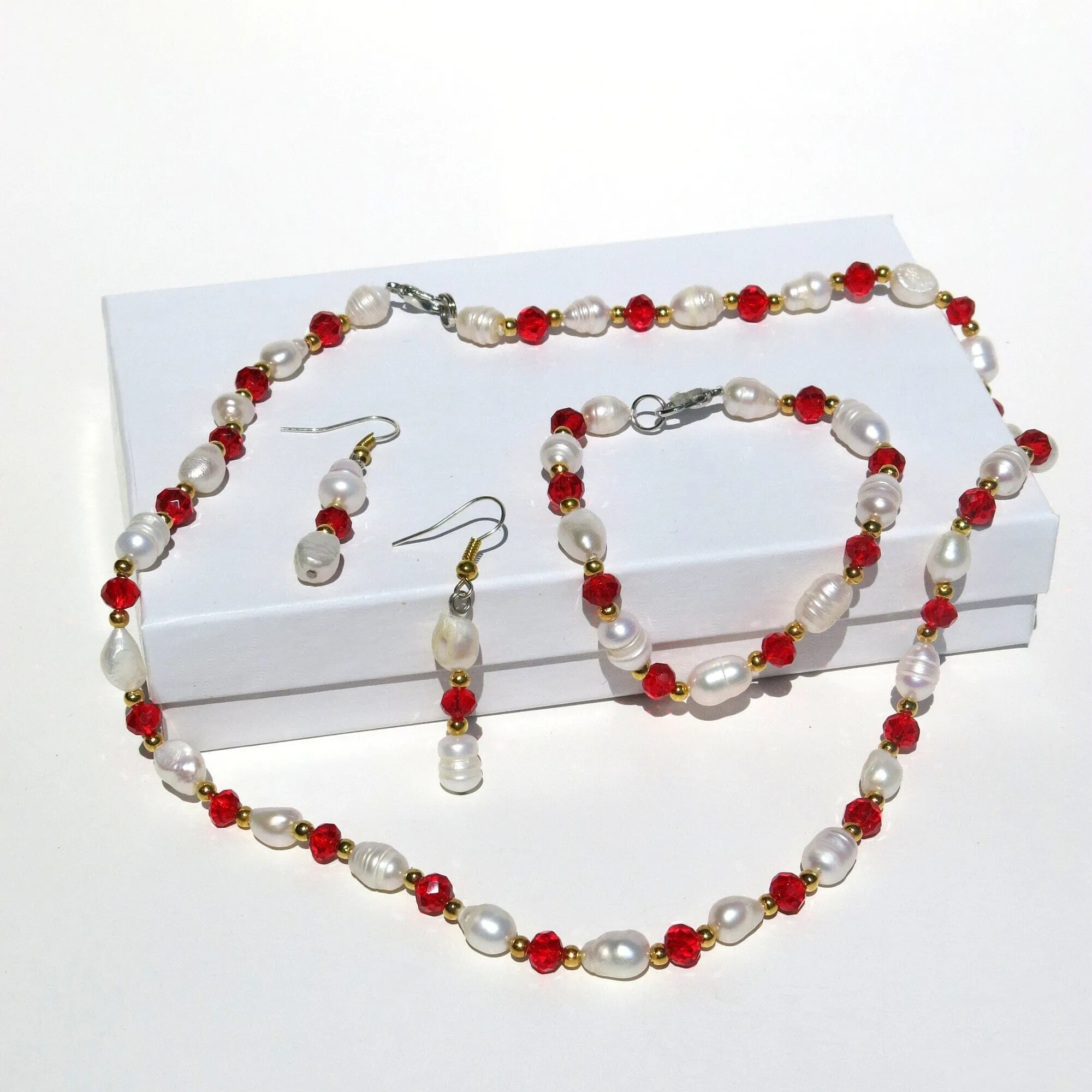 Freshwater Pearl 4 PC Jewelry Set, Natural Pearl Bracelet Earrings and Necklace, Bridesmaid Crystal Real Pearl Jewelry