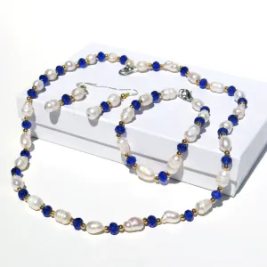 Freshwater Pearl 4 PC Jewelry Set, Natural Pearl Bracelet Earrings and Necklace, Bridesmaid Crystal Real Pearl Jewelry