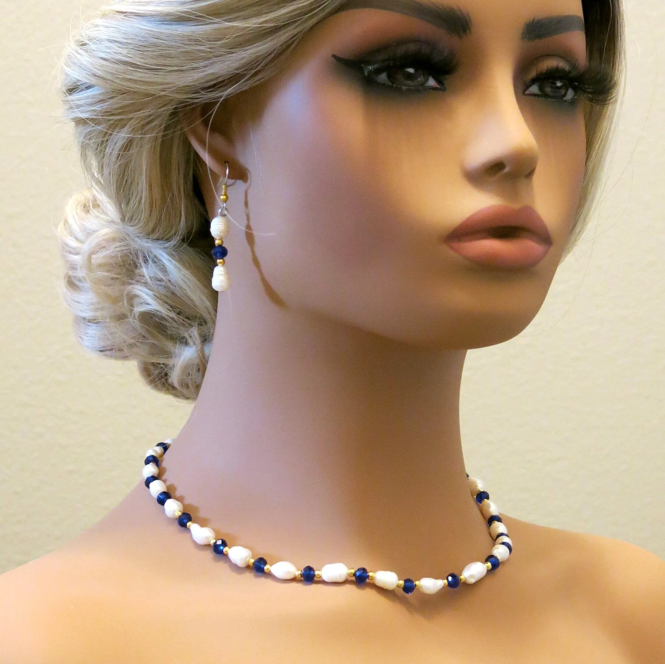 Freshwater Pearl 4 PC Jewelry Set, Natural Pearl Bracelet Earrings and Necklace, Bridesmaid Crystal Real Pearl Jewelry