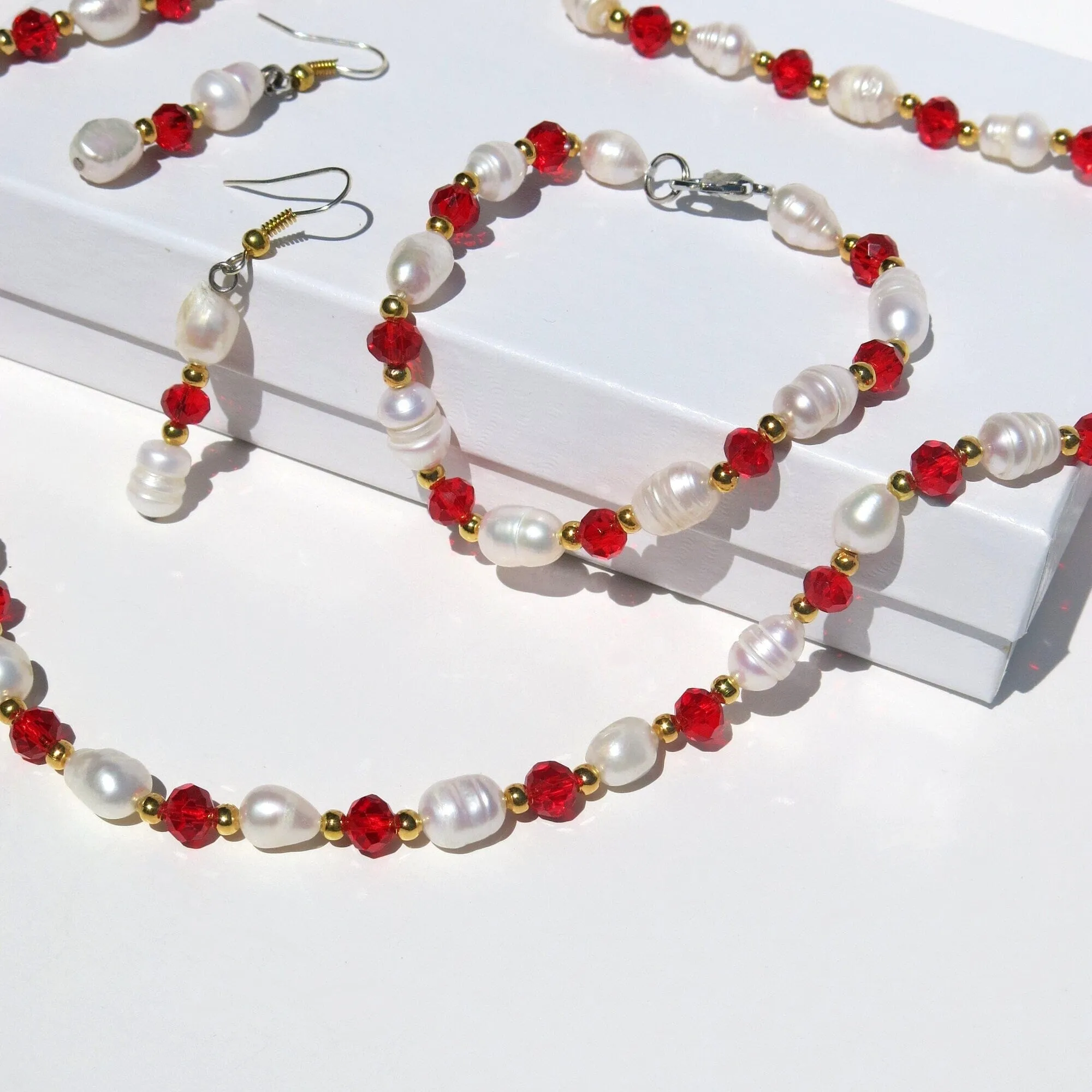 Freshwater Pearl 4 PC Jewelry Set, Natural Pearl Bracelet Earrings and Necklace, Bridesmaid Crystal Real Pearl Jewelry