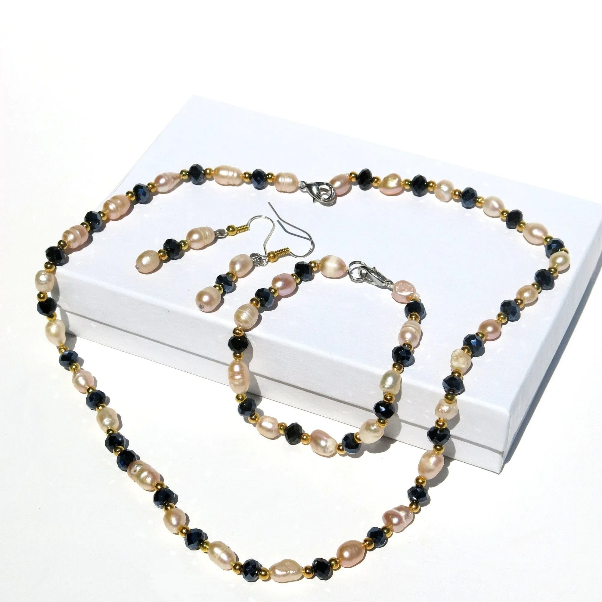 Freshwater Pearl 4 PC Jewelry Set, Natural Pearl Bracelet Earrings and Necklace, Bridesmaid Crystal Real Pearl Jewelry