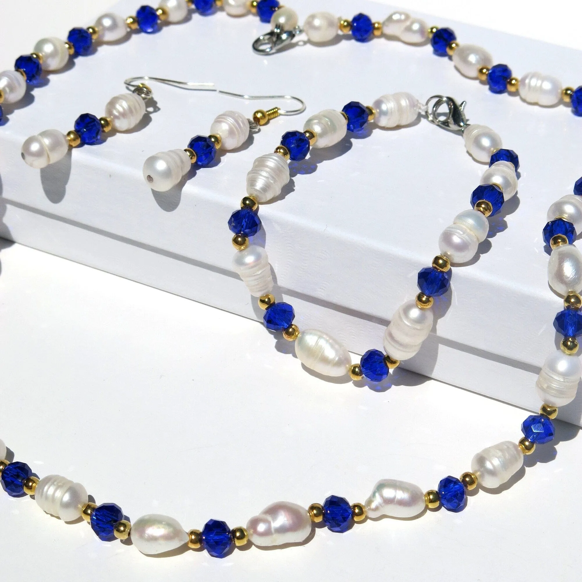 Freshwater Pearl 4 PC Jewelry Set, Natural Pearl Bracelet Earrings and Necklace, Bridesmaid Crystal Real Pearl Jewelry