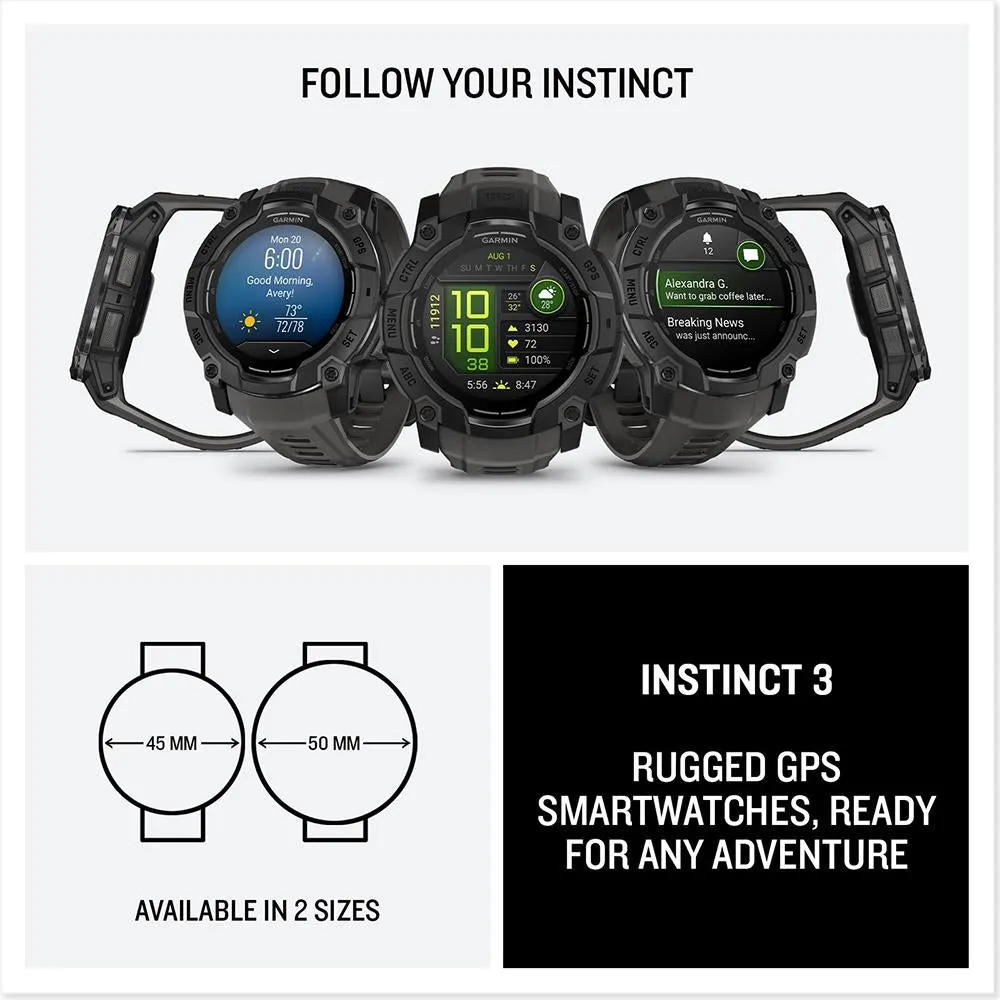 Garmin Instinct 3 - 50 mm GPS Smartwatch AMOLED Black with Charging Dock Bundle