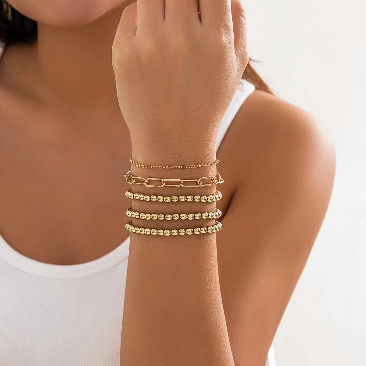 Geometric 5pcs Gold Silver Plated Ball Cable Chain Bracelet Set