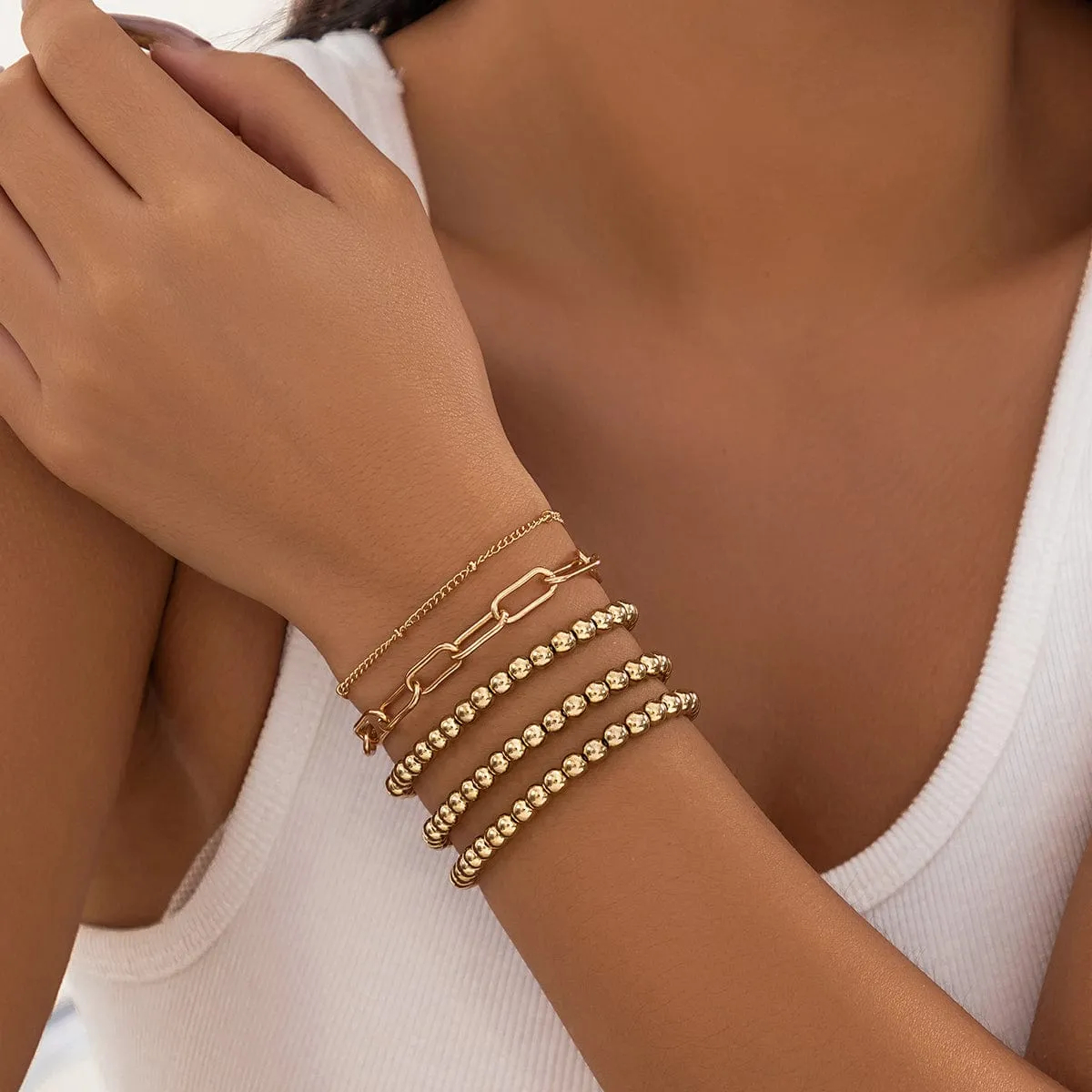 Geometric 5pcs Gold Silver Plated Ball Cable Chain Bracelet Set