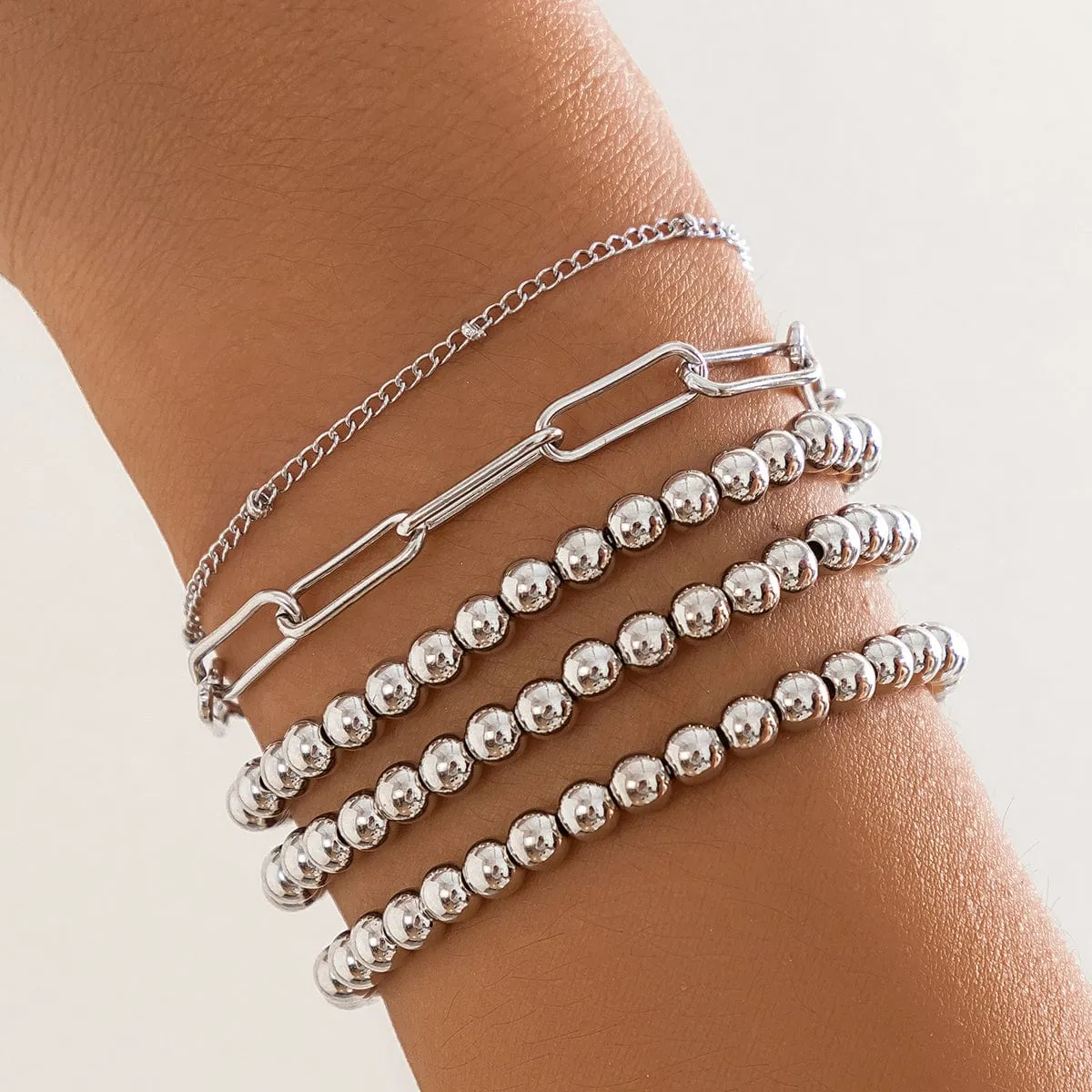 Geometric 5pcs Gold Silver Plated Ball Cable Chain Bracelet Set