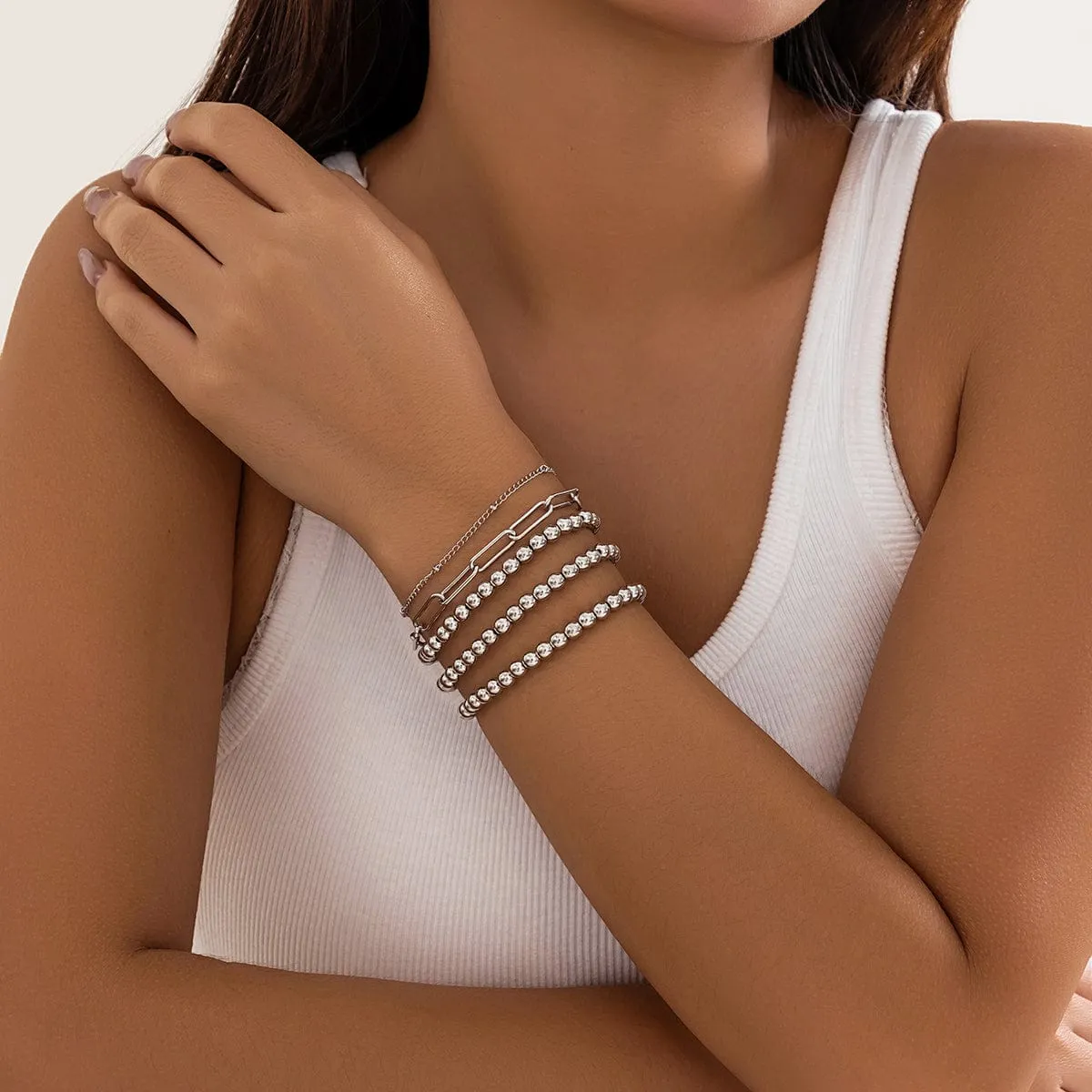 Geometric 5pcs Gold Silver Plated Ball Cable Chain Bracelet Set