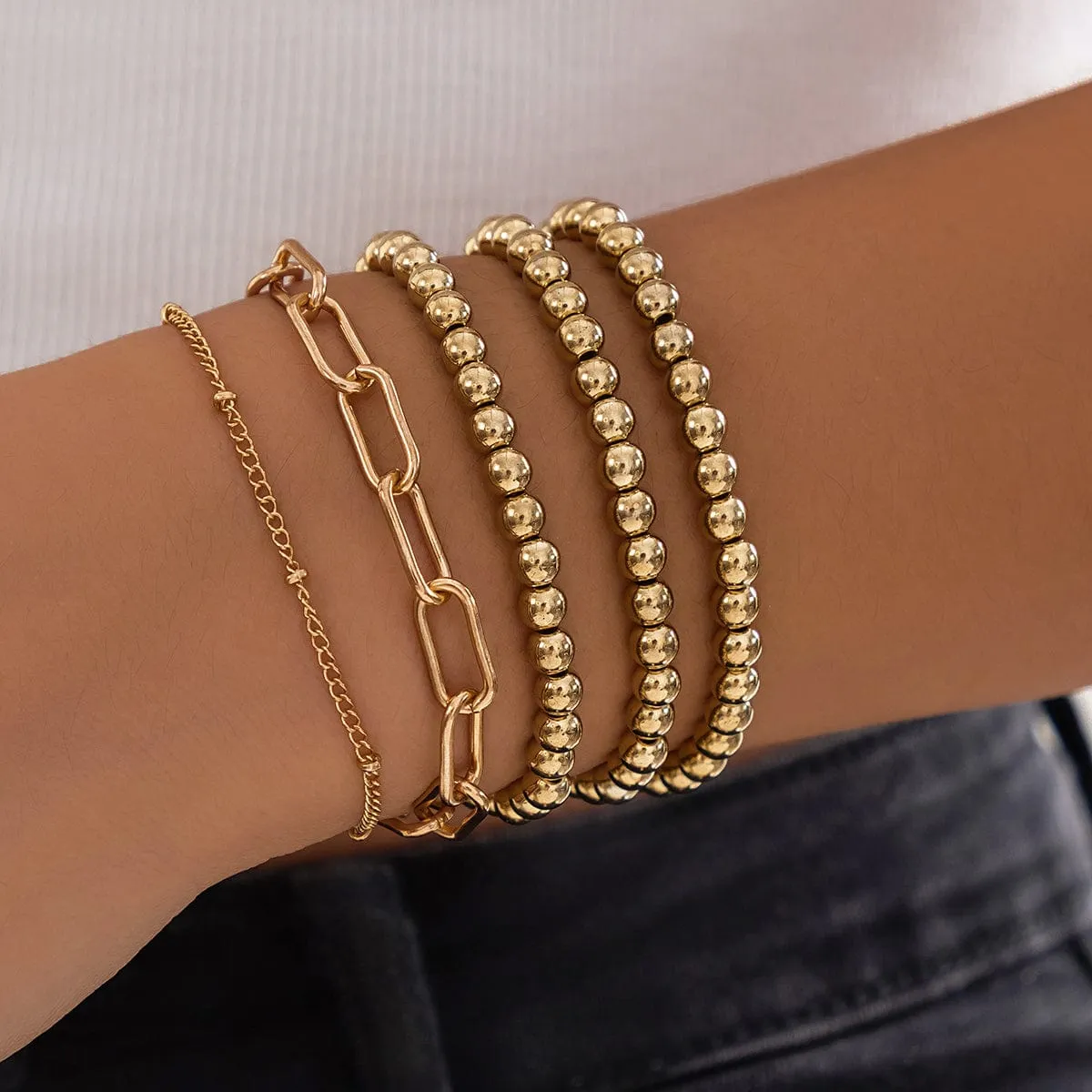 Geometric 5pcs Gold Silver Plated Ball Cable Chain Bracelet Set