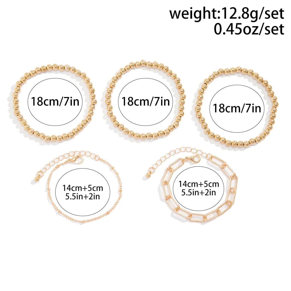Geometric 5pcs Gold Silver Plated Ball Cable Chain Bracelet Set