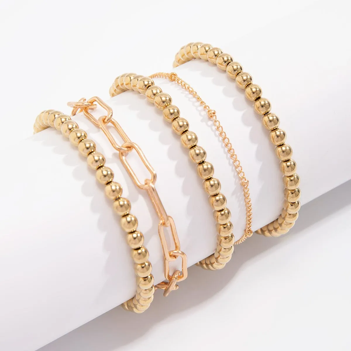 Geometric 5pcs Gold Silver Plated Ball Cable Chain Bracelet Set
