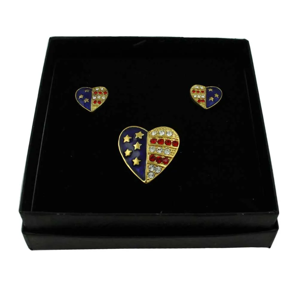 Gold Patriotic Heart Brooch Pin and Clip Earring Gift Set - PRF353BS