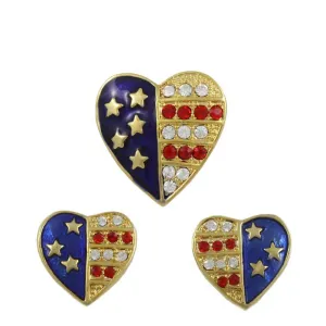 Gold Patriotic Heart Brooch Pin and Clip Earring Gift Set - PRF353BS
