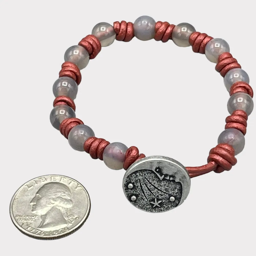 Gray agate and Moon Leather Bracelet