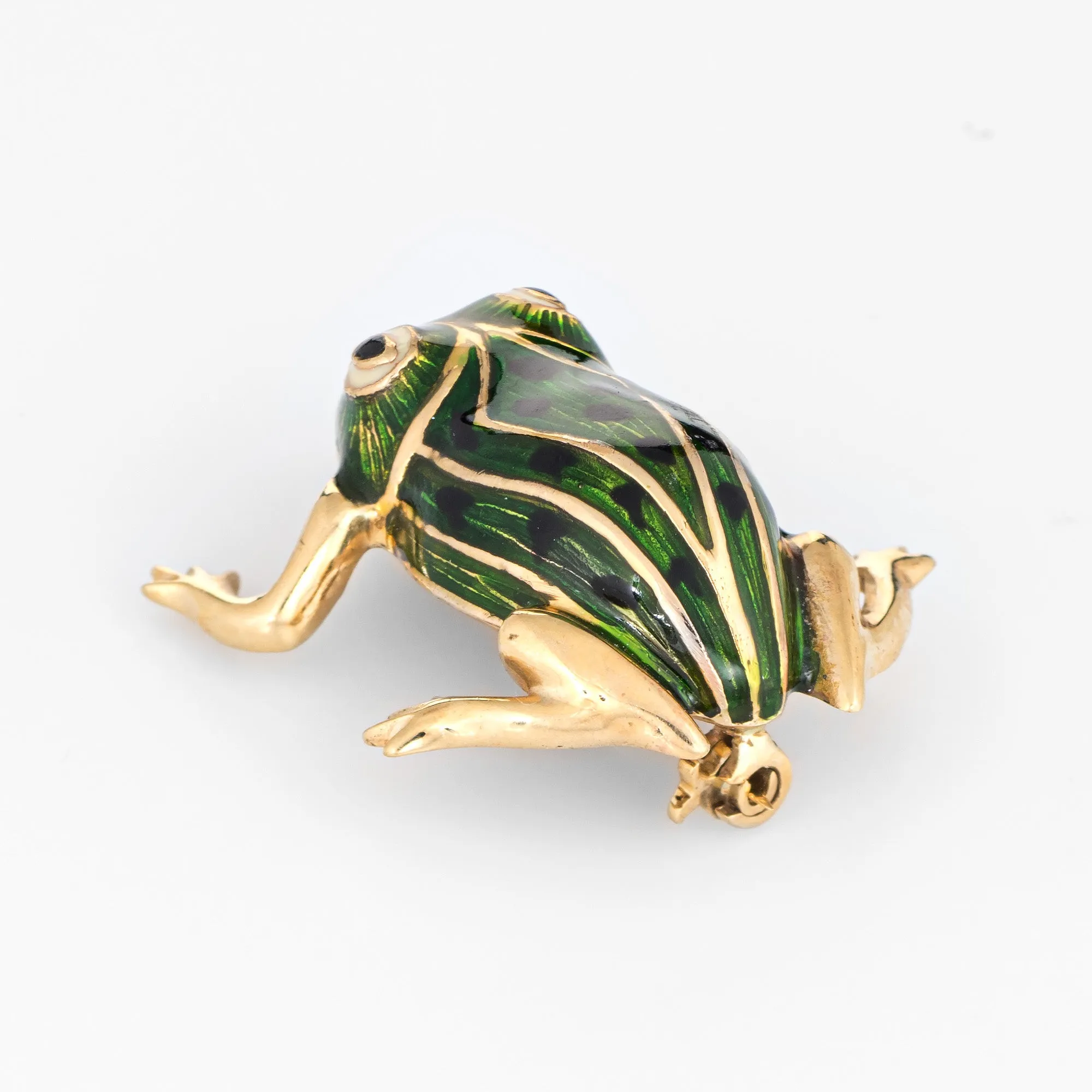 Green Enamel Frog Brooch Vintage 14k Yellow Gold Black Spots Estate Fine Jewelry
