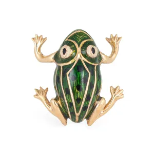 Green Enamel Frog Brooch Vintage 14k Yellow Gold Black Spots Estate Fine Jewelry