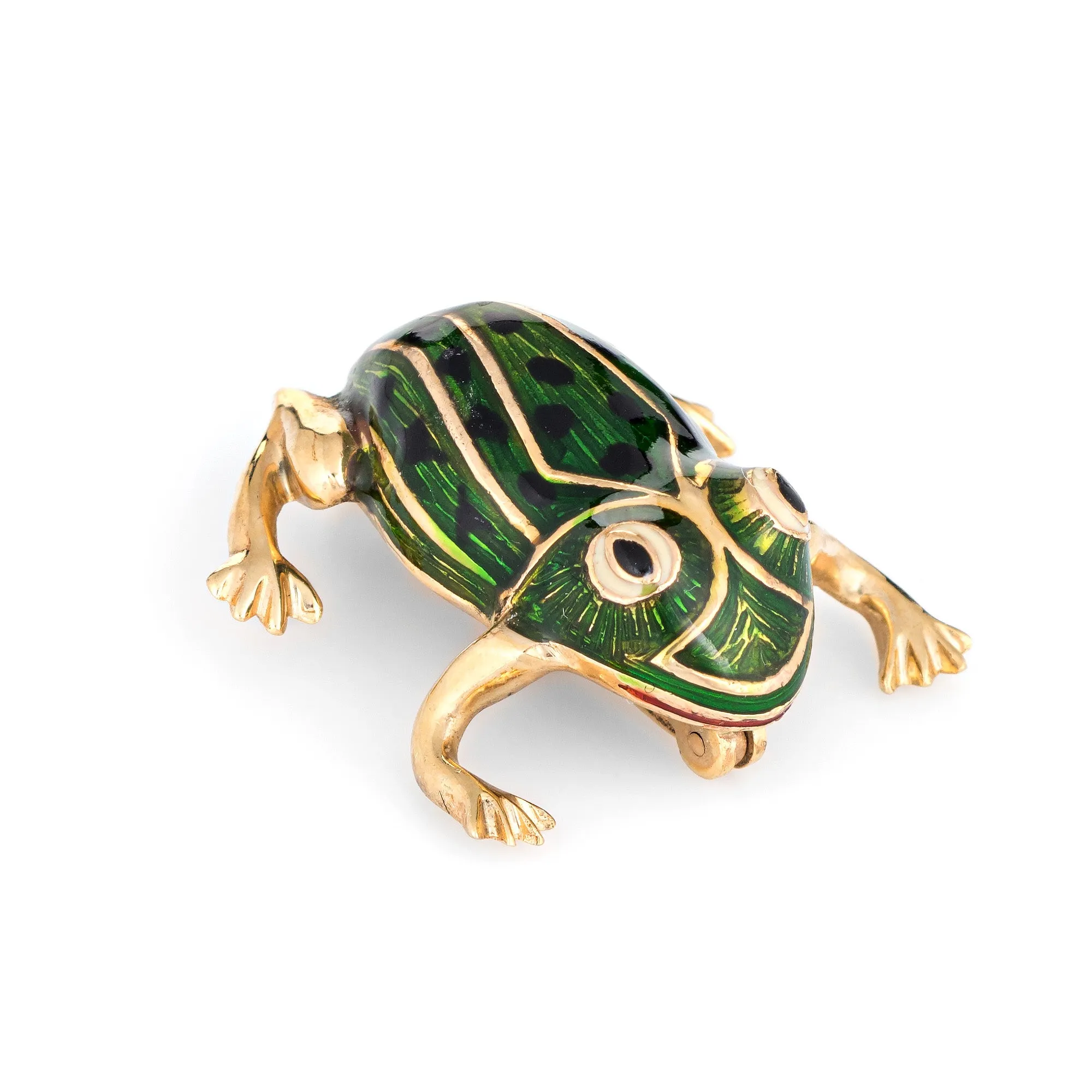 Green Enamel Frog Brooch Vintage 14k Yellow Gold Black Spots Estate Fine Jewelry